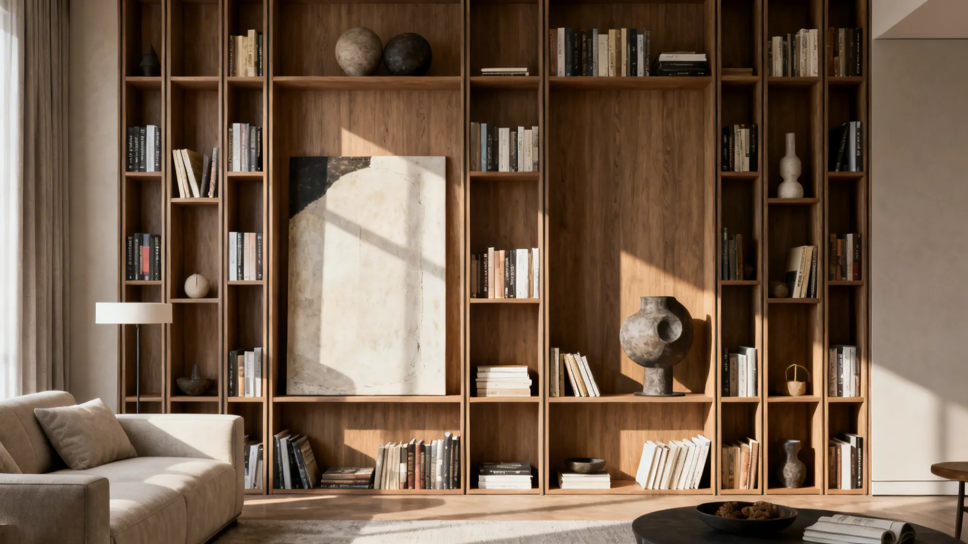 Floor-to-ceiling bookcases styled with books and art objects, creating visual height in a living room.