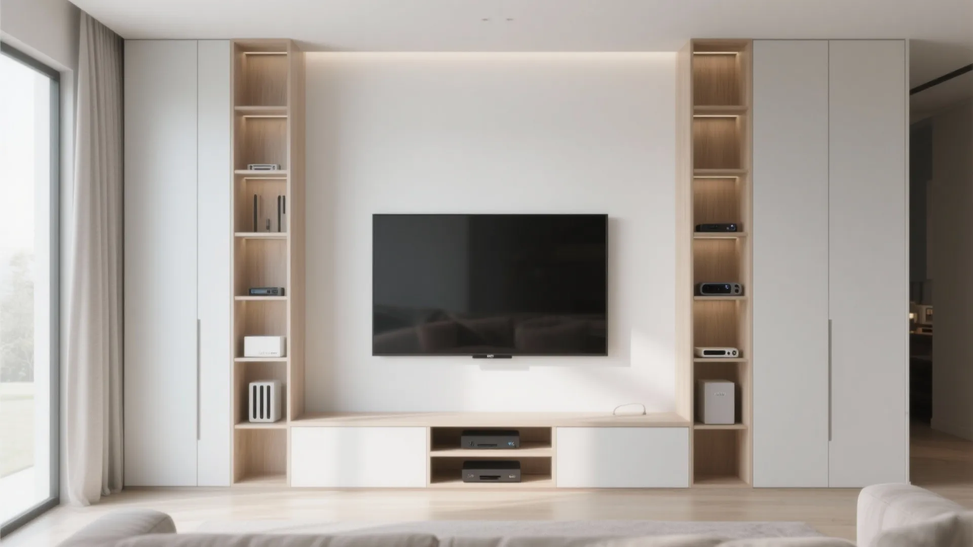 Modern living room wall with television built in wooden bookshelves and large white storage cabinets