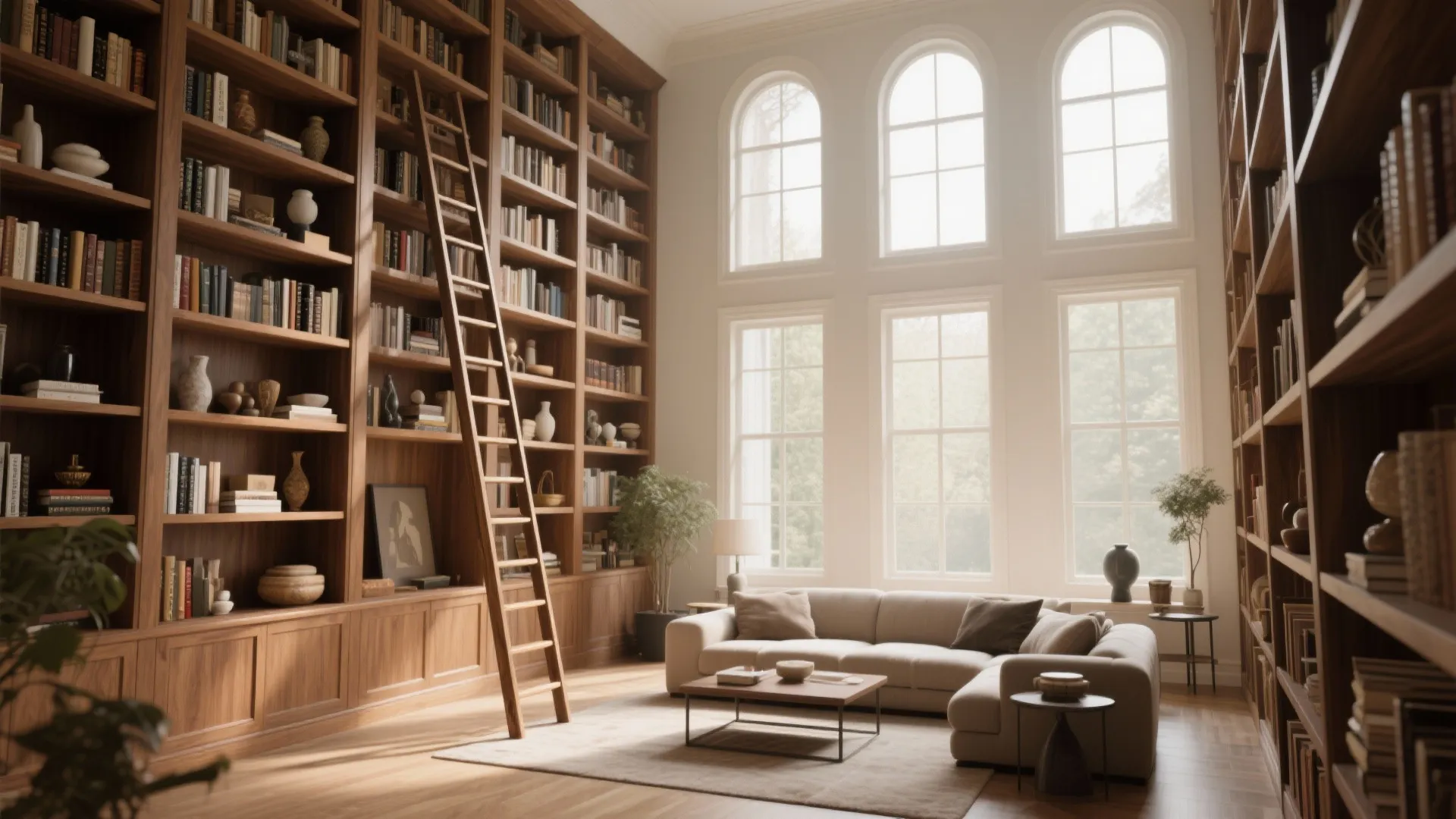 Tall bookshelves with ladder in a stylish large living room