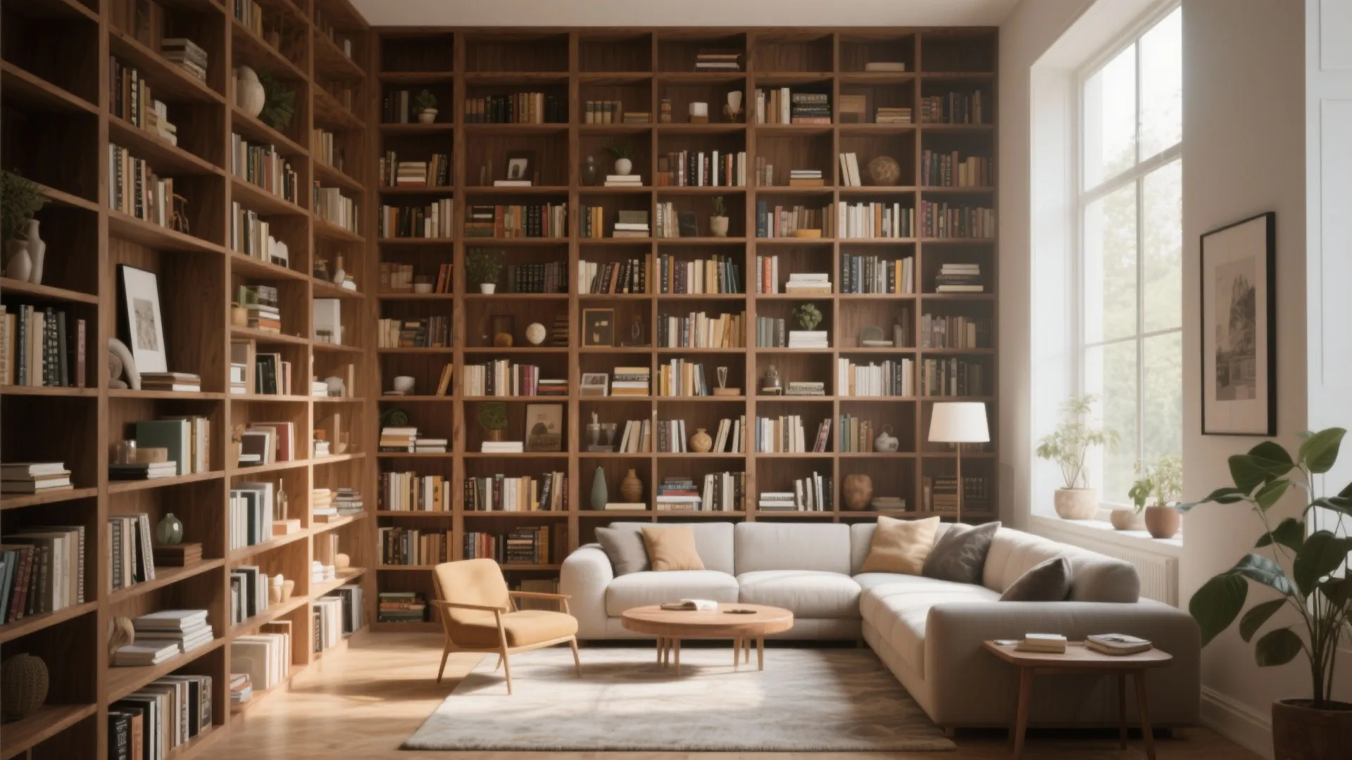 Tall wooden bookshelves in cozy living room with white sofa and round wooden coffee table