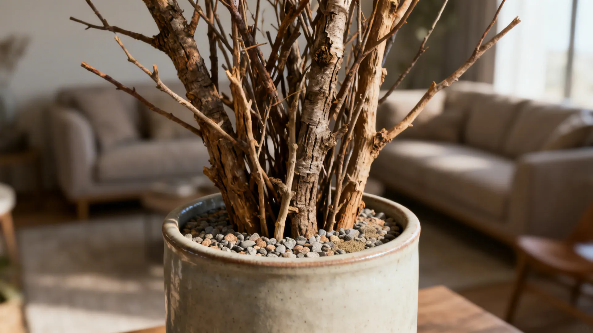 Close-up of a ceramic floor vase with tall dried branches anchored in gravel for stability.