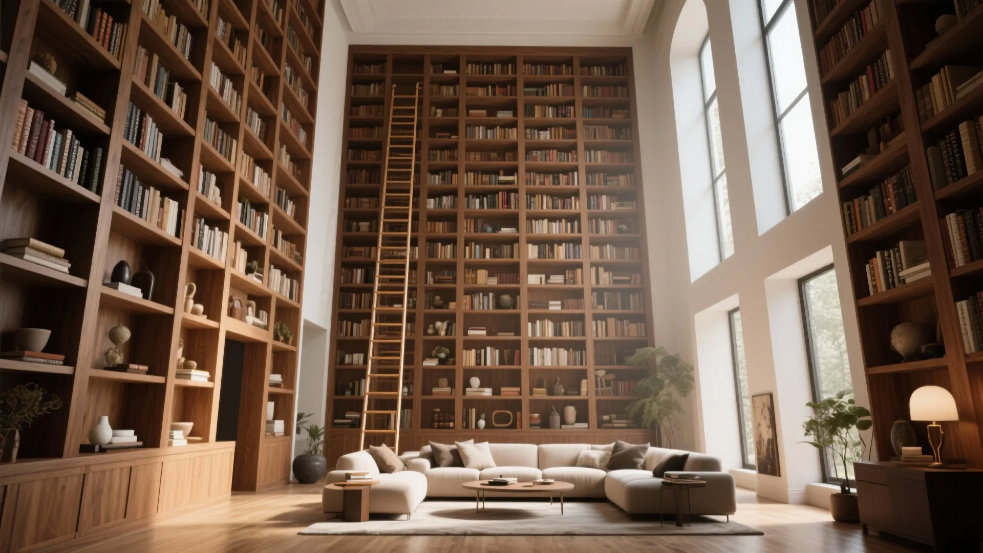 Tall wooden wall bookshelves with a ladder behind a white sofa and round coffee table