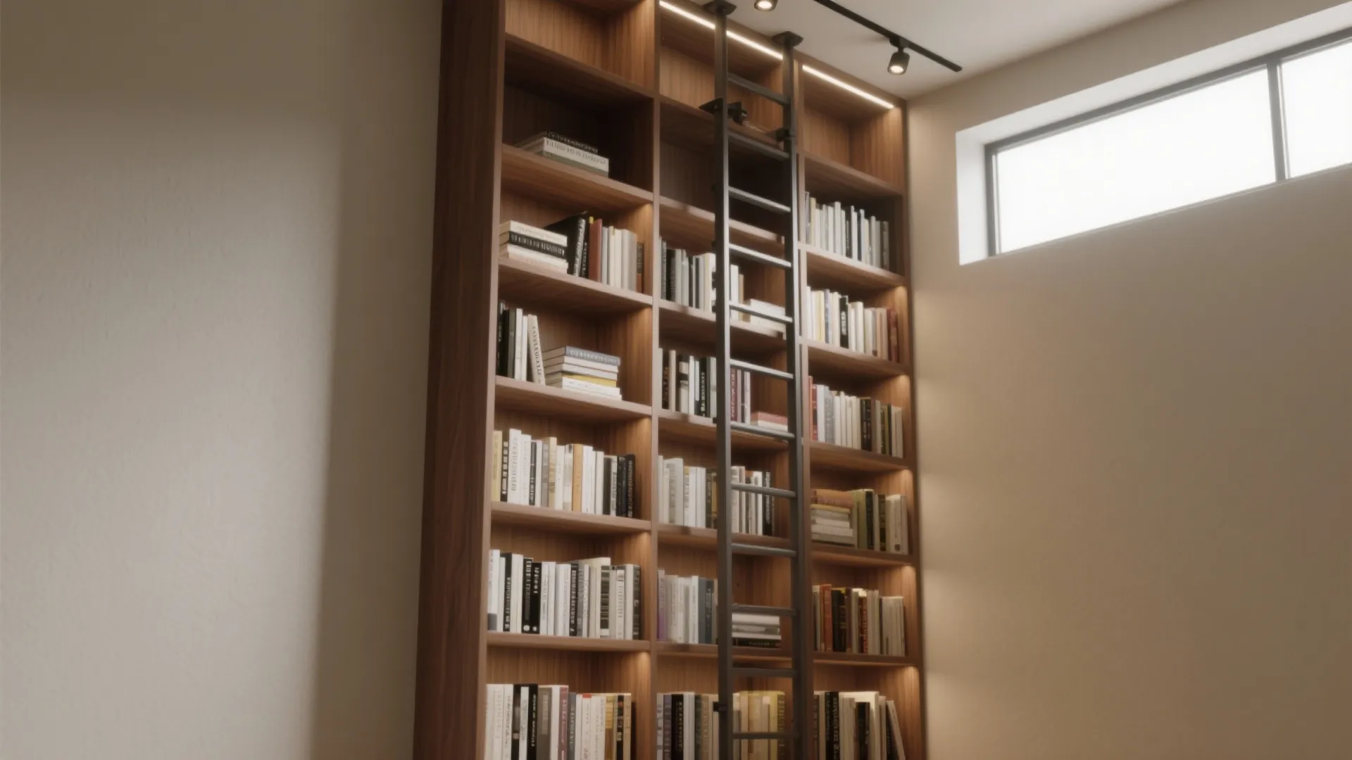 Floor to ceiling wooden bookshelf with rolling ladder warm internal lighting and books in room