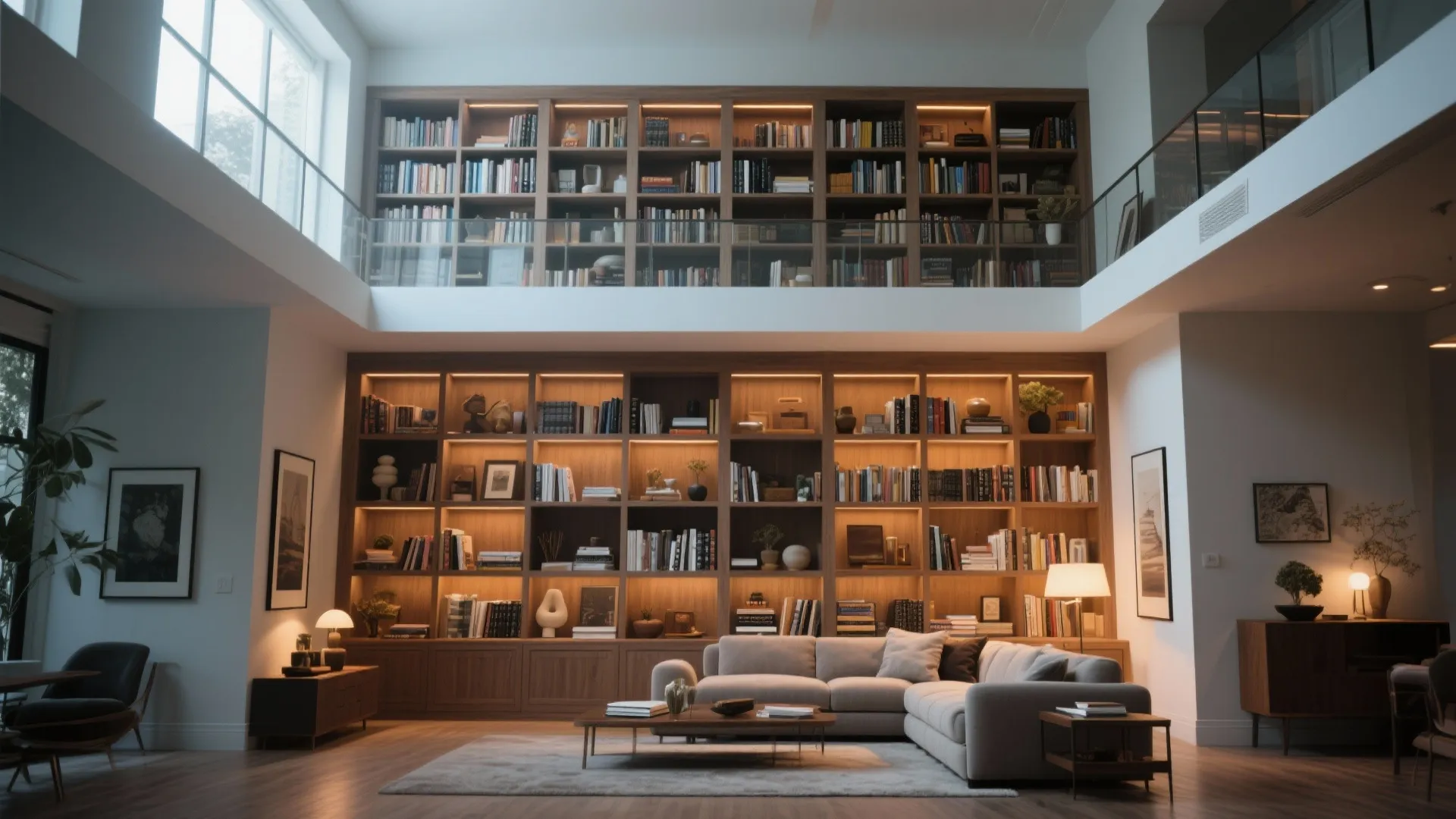 High ceiling living room with two-story bookshelf