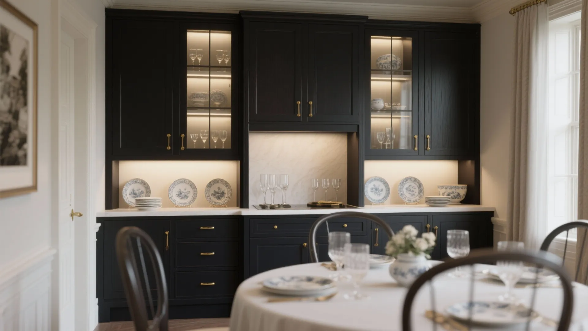 Dark black kitchen cabinet with glass doors showing white plates and glasses with warm lighting