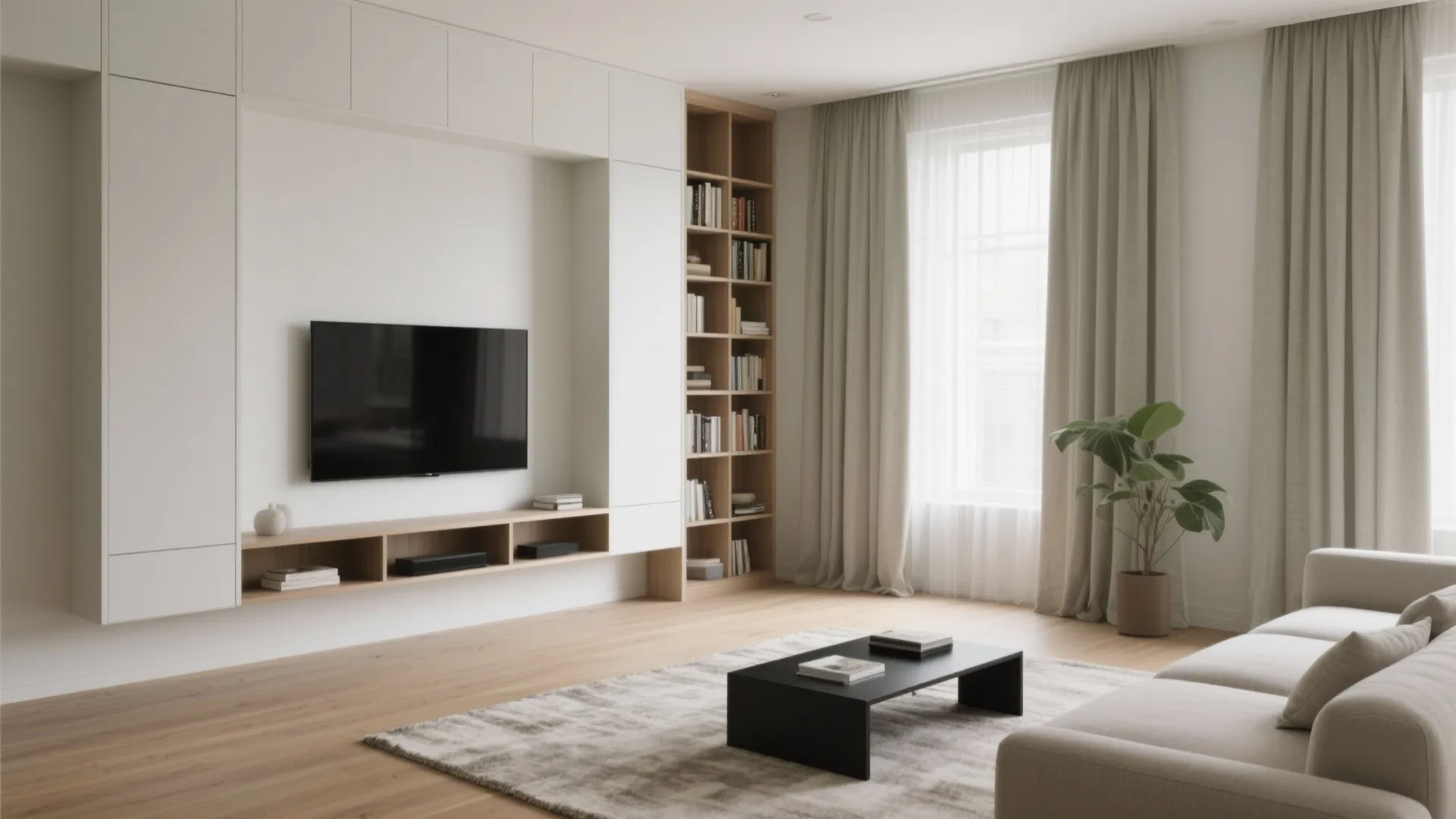 Living room featuring white wall cabinet with television bookshelf plant beige curtains and grey area rug