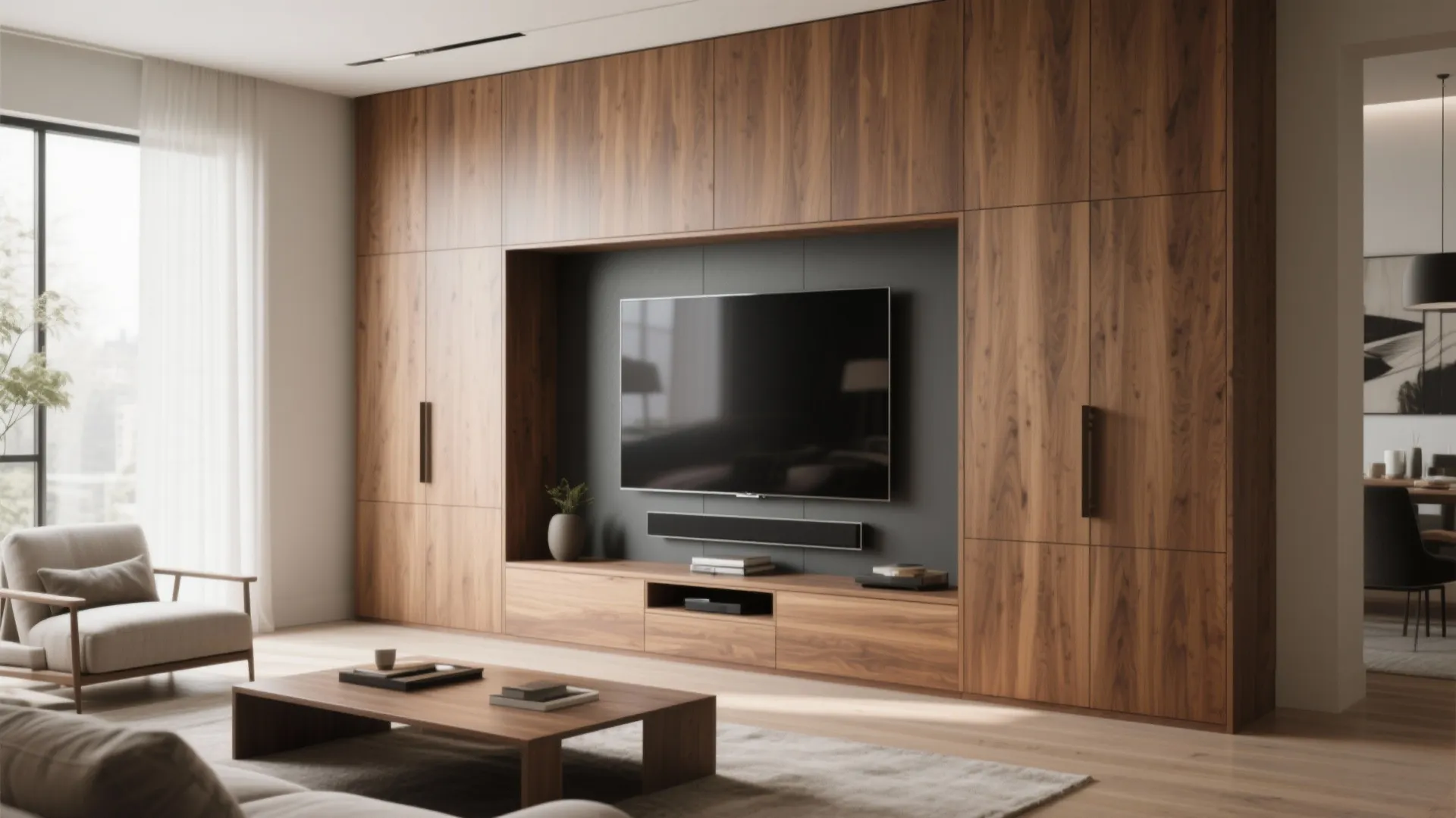Modern living room with large wood wall cabinet around a television and a coffee table