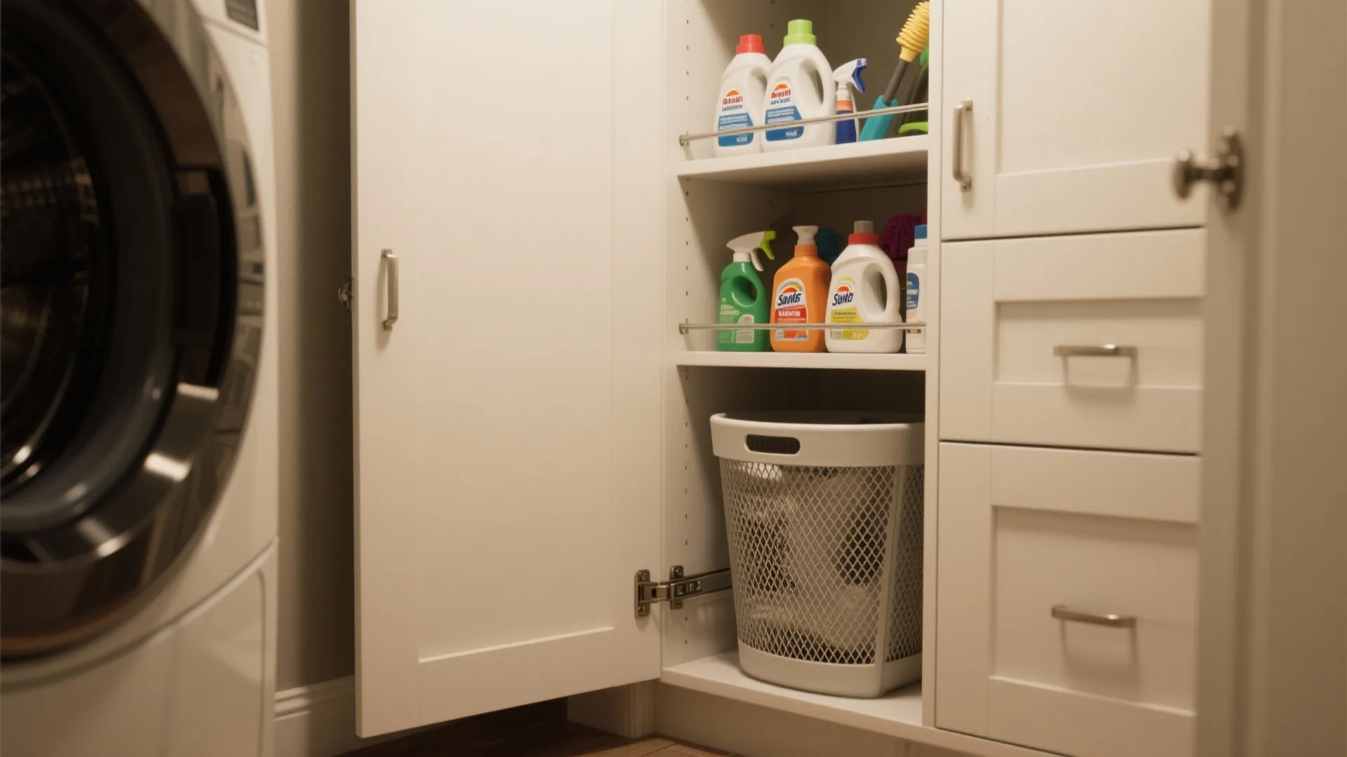 Tall narrow laundry cabinet with pull-out shelves and mesh front, showing organized cleaning supplies in a compact closet.