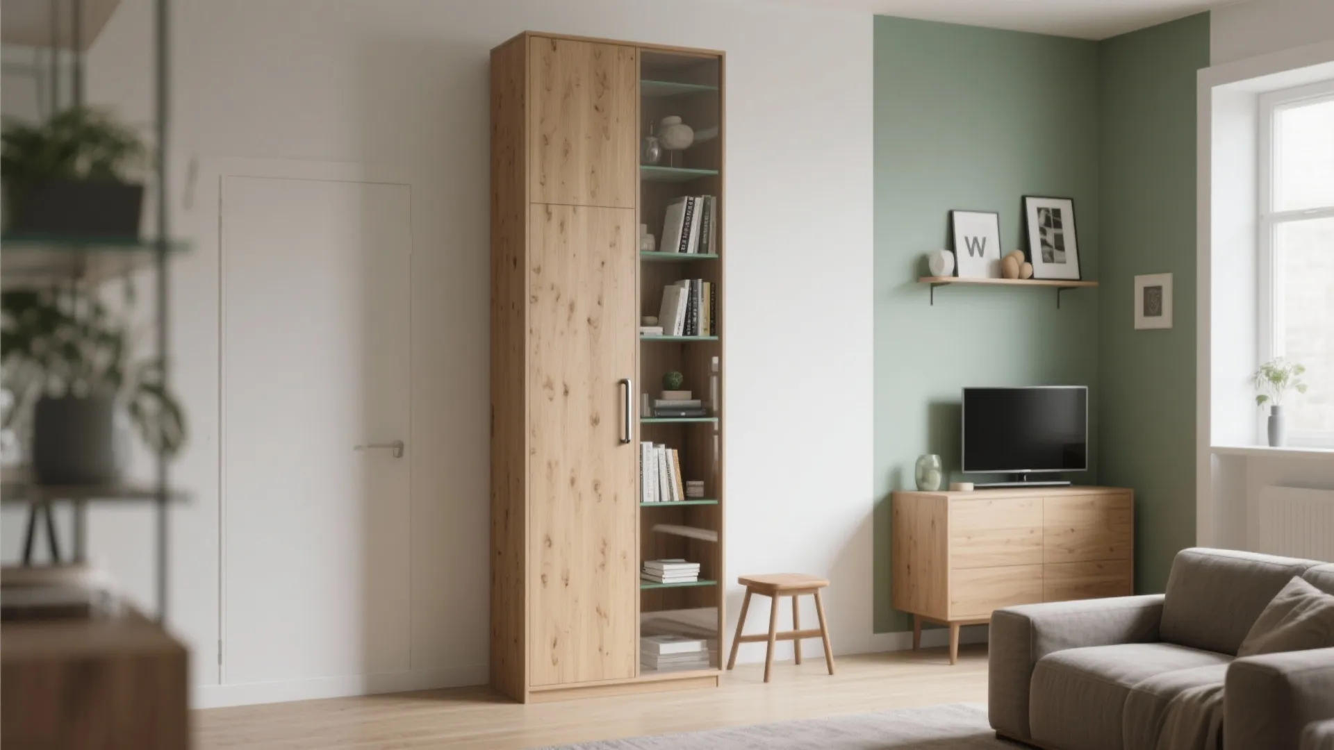 Modern tall wooden storage cabinet with glass shelves standing in a living room with sofa