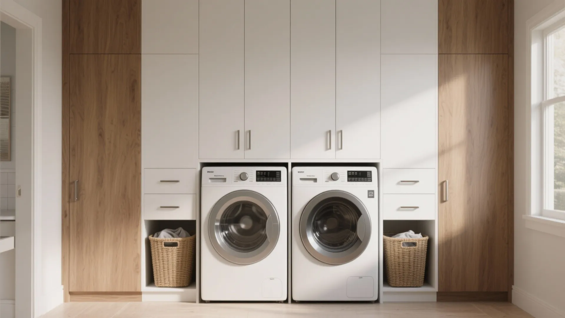 Modern laundry room featuring white washing machines integrated into custom wood and white storage cabinets