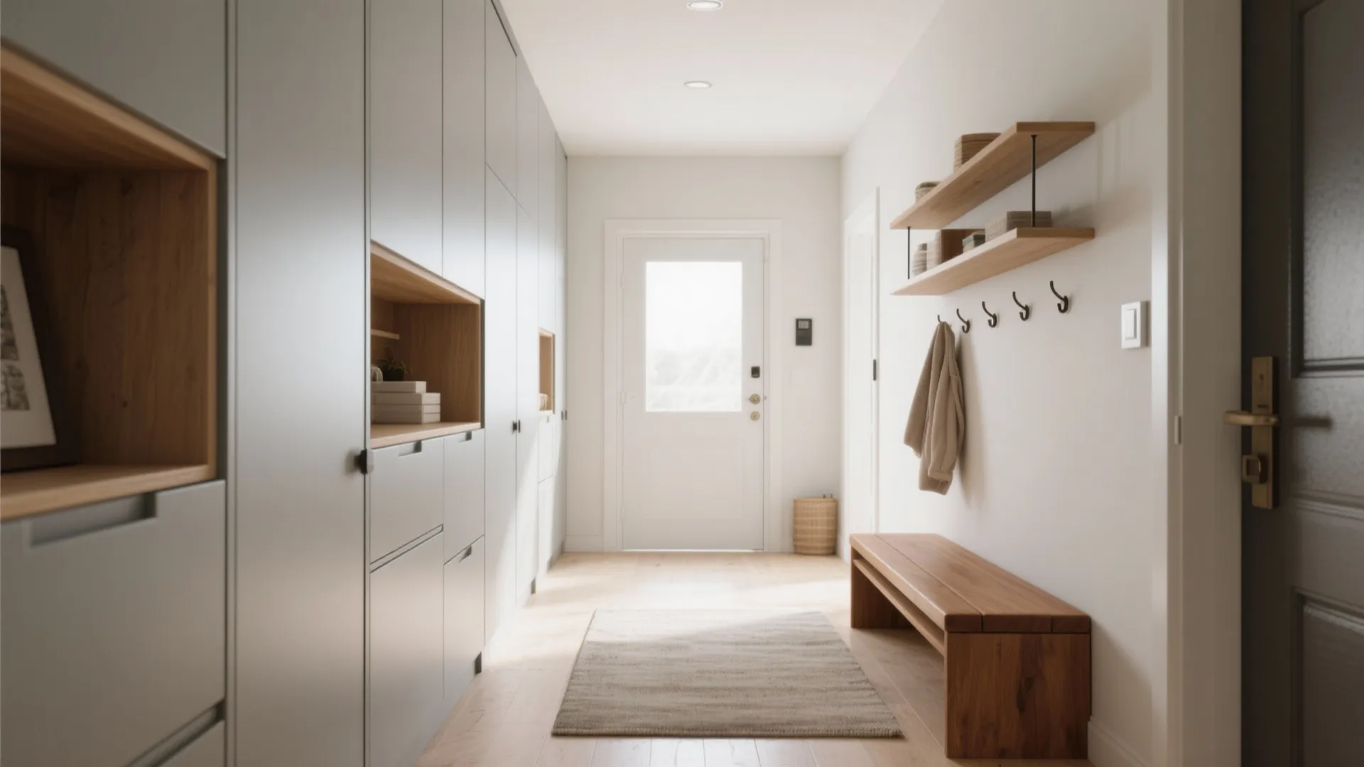 1. Vertical storage and a folded bench