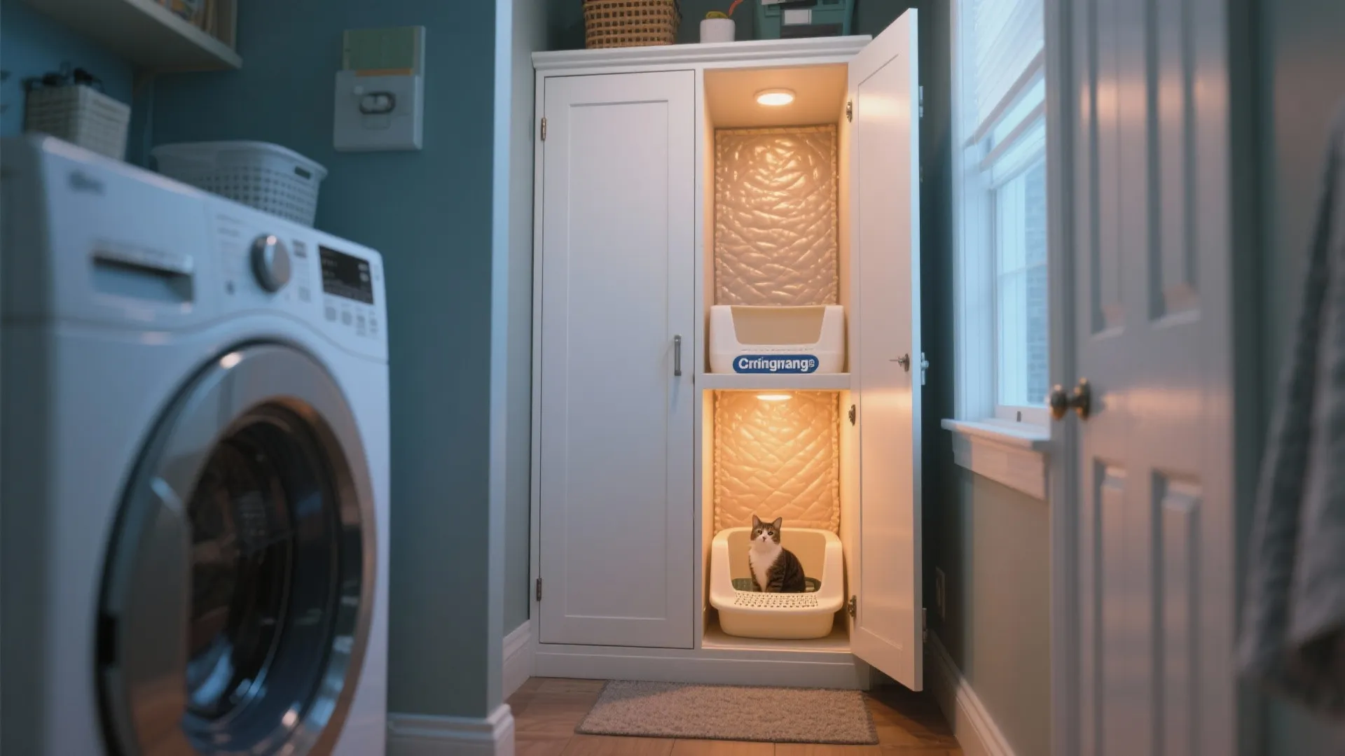 White tall cabinet in laundry room containing a hidden cat litter box and warm lights