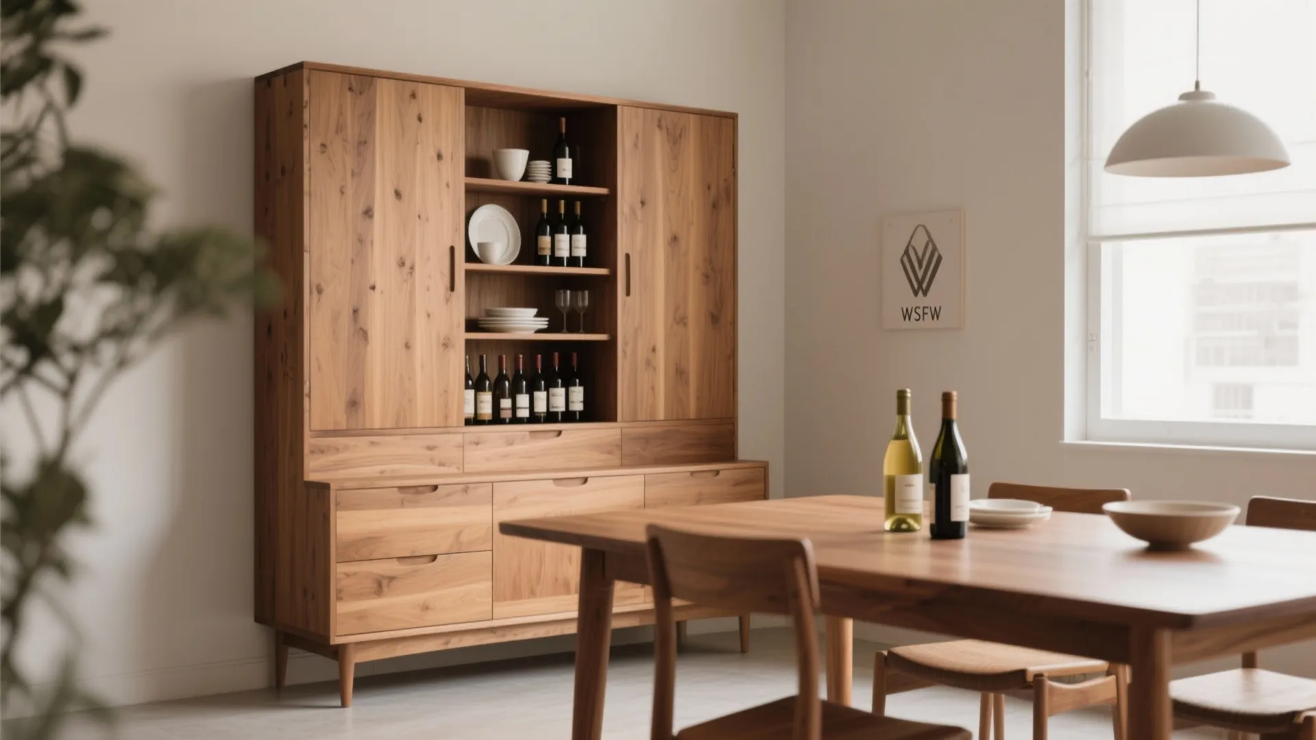 Tall wooden dining cabinet in unused corner storing serveware