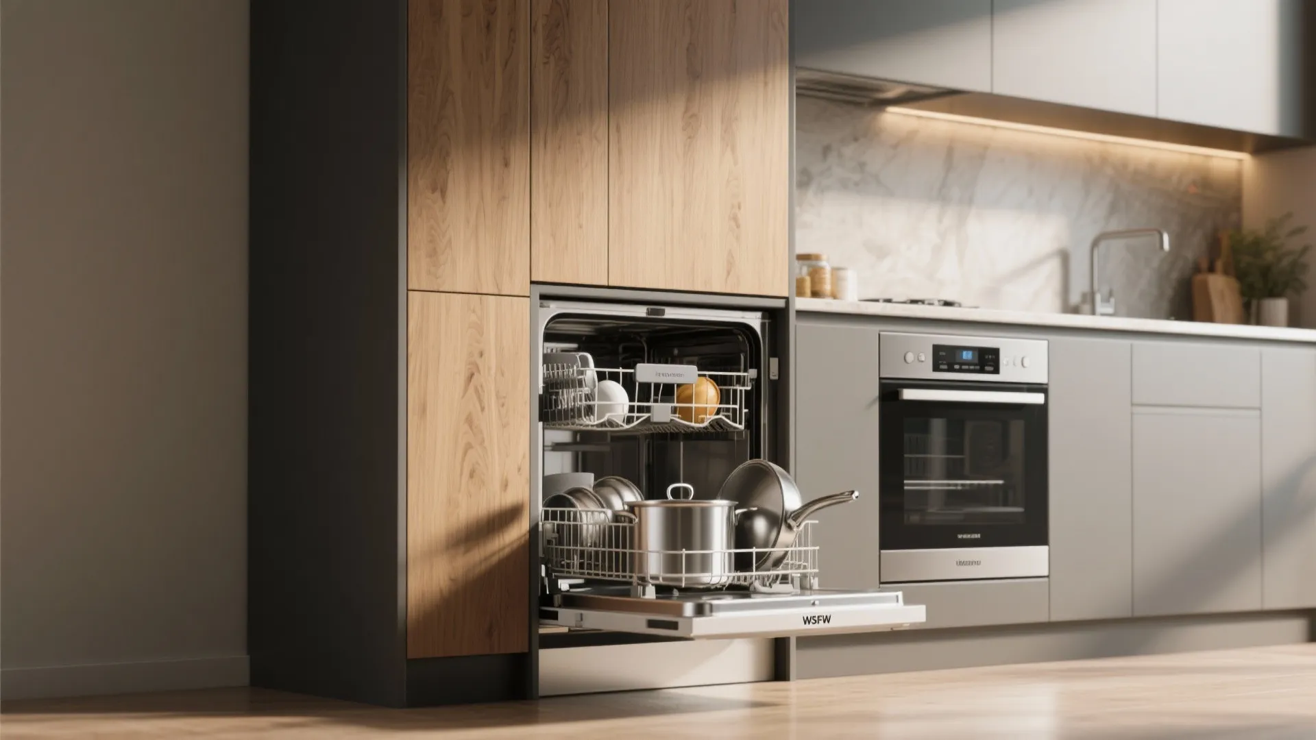 Tall column dishwasher at counter height beside a standard under-counter unit, showing ergonomic loading.