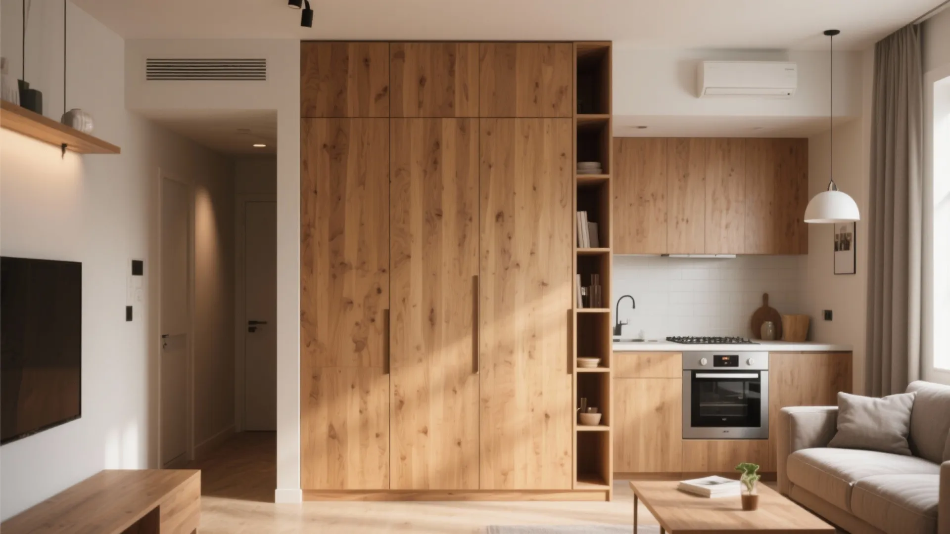 Tall cabinet storage wall between kitchen and lounge