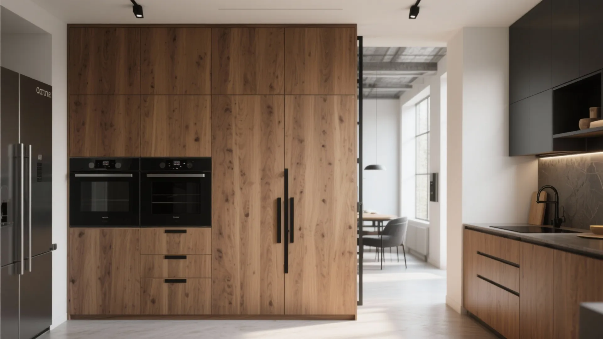 Tall wood storage cabinet with built in ovens serving as a room divider in kitchen