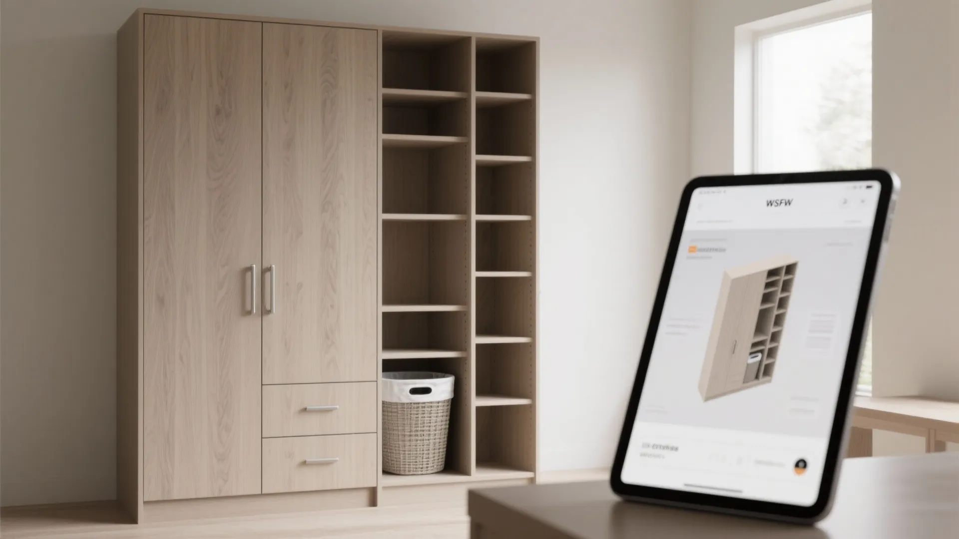 5. Tall cabinet with adjustable shelves and a 3D mockup