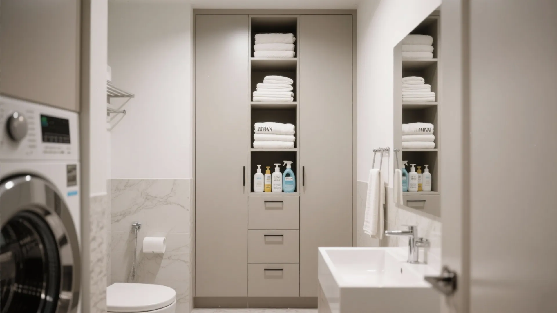 Modern bathroom featuring a tall beige cabinet with open shelves for towels, bottles, and drawers