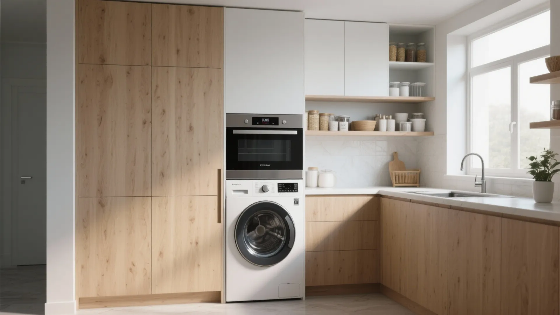 Modern kitchen with wood cabinets, tall white unit holding a microwave, washing machine, and sink
