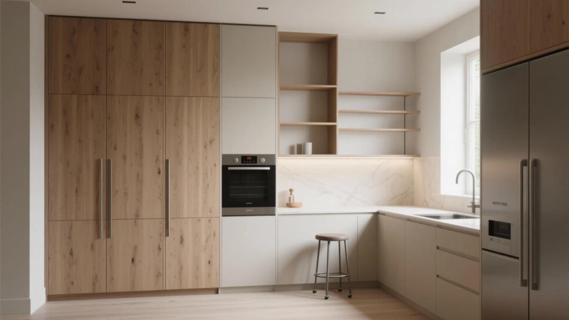 Light kitchen interior with wood cabinets white countertops built in oven stool and large silver fridge