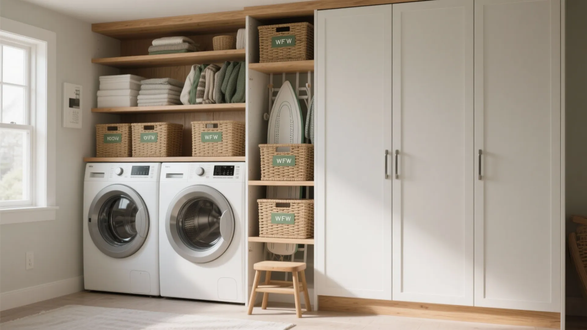 Bright laundry room with side-by-side washing machines, wooden shelves, storage baskets, and a tall cabinet