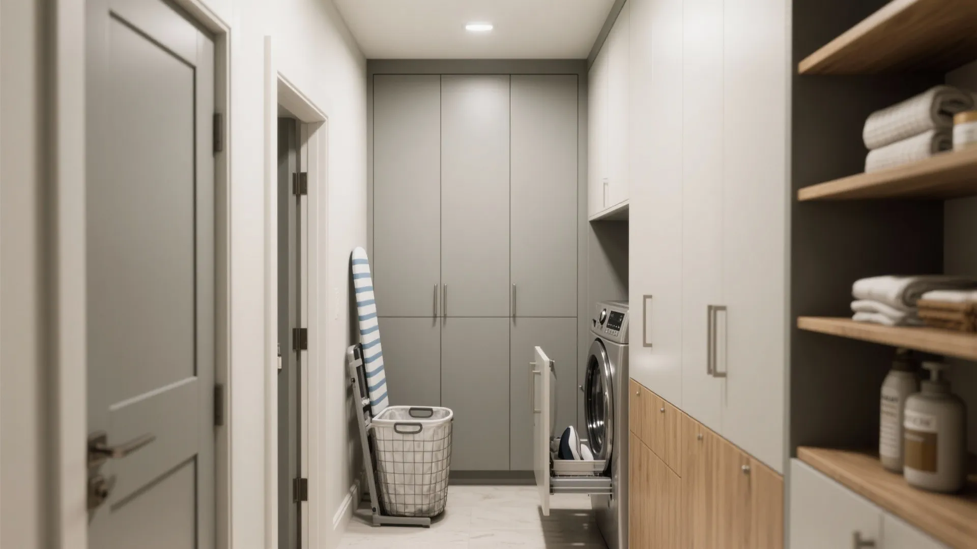 Tall storage cabinets with pull-out laundry hampers and a vertical ironing board in a compact laundry layout.