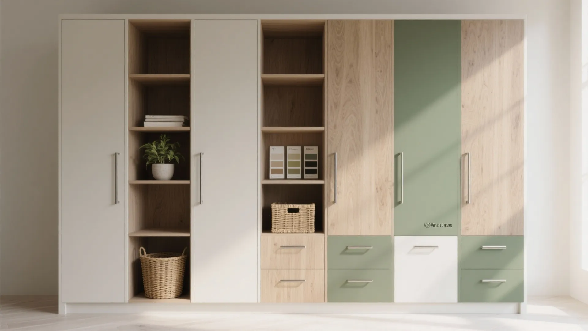 4. Tall cabinets plus open cubbies for rhythm