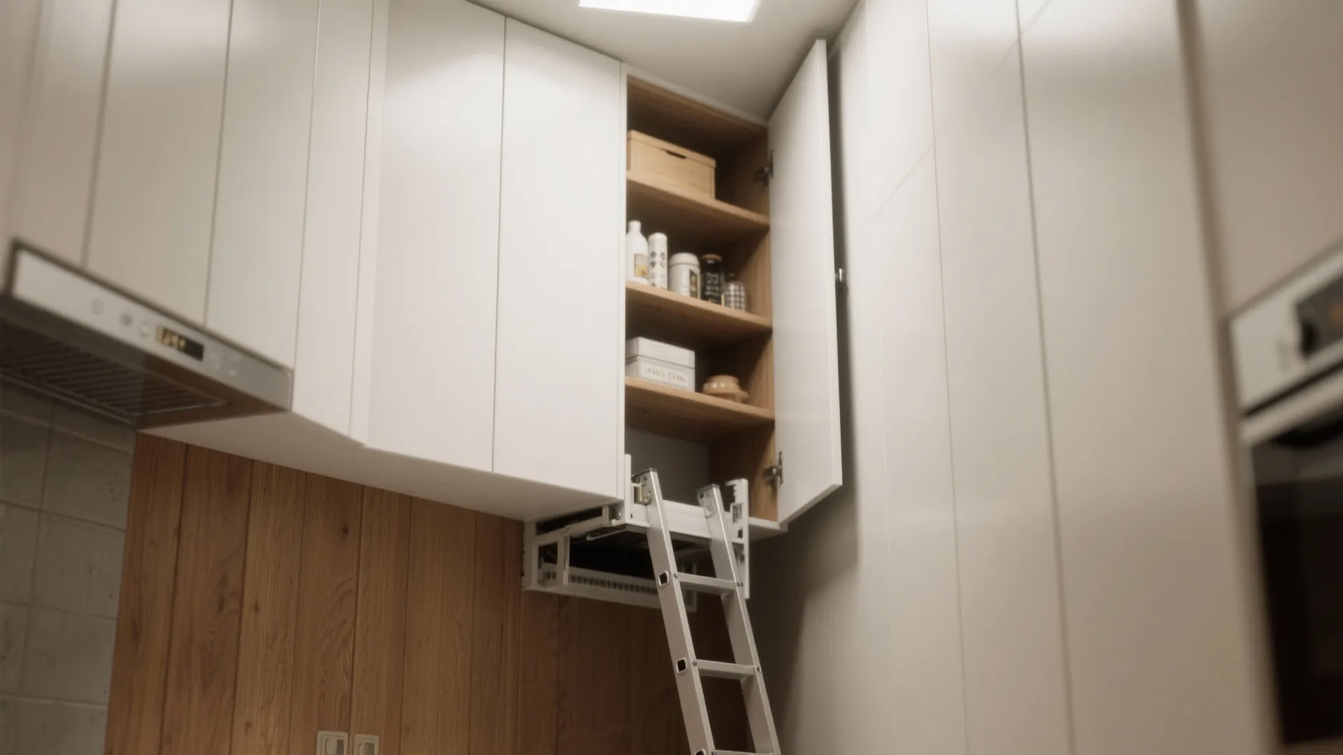 White kitchen cabinets with an open door showing wooden shelves and a small metal ladder