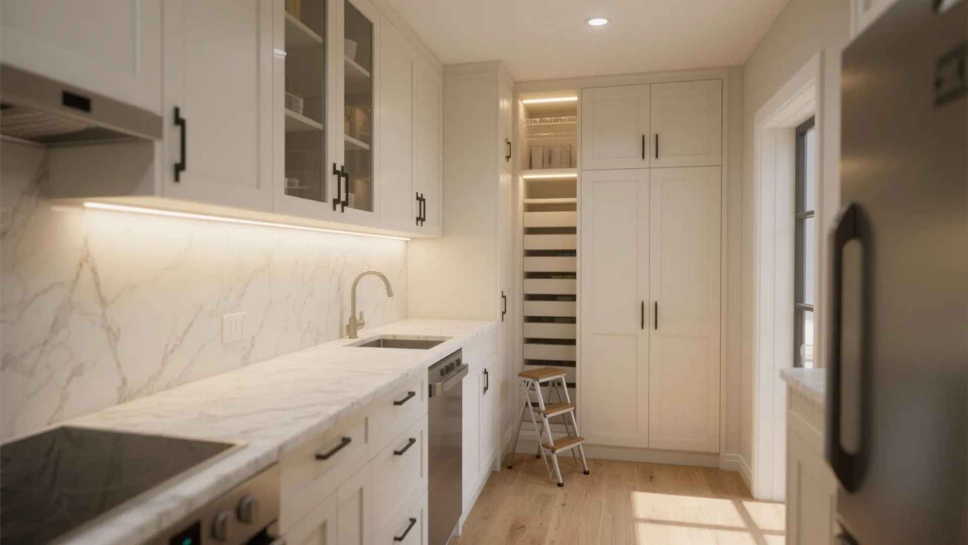 Ceiling-high storage and lighting that expands space