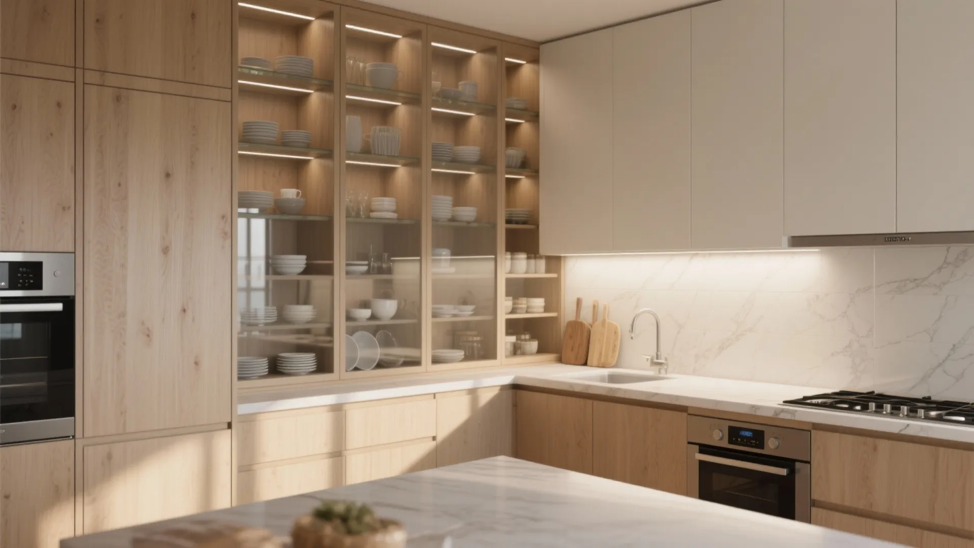 Wooden kitchen cabinets with glass doors, internal light fixture, marble backsplash, and a silver oven