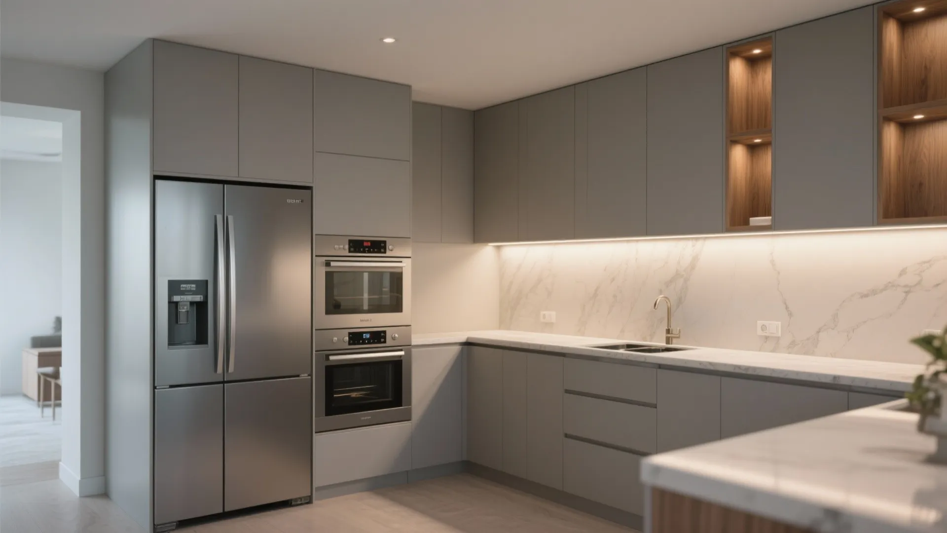 3. Go vertical with tall cabinets and integrated appliances