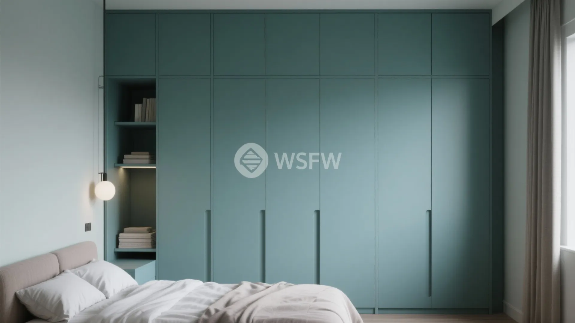 Modern bedroom with large teal floor to ceiling storage cabinet built in shelving and bed