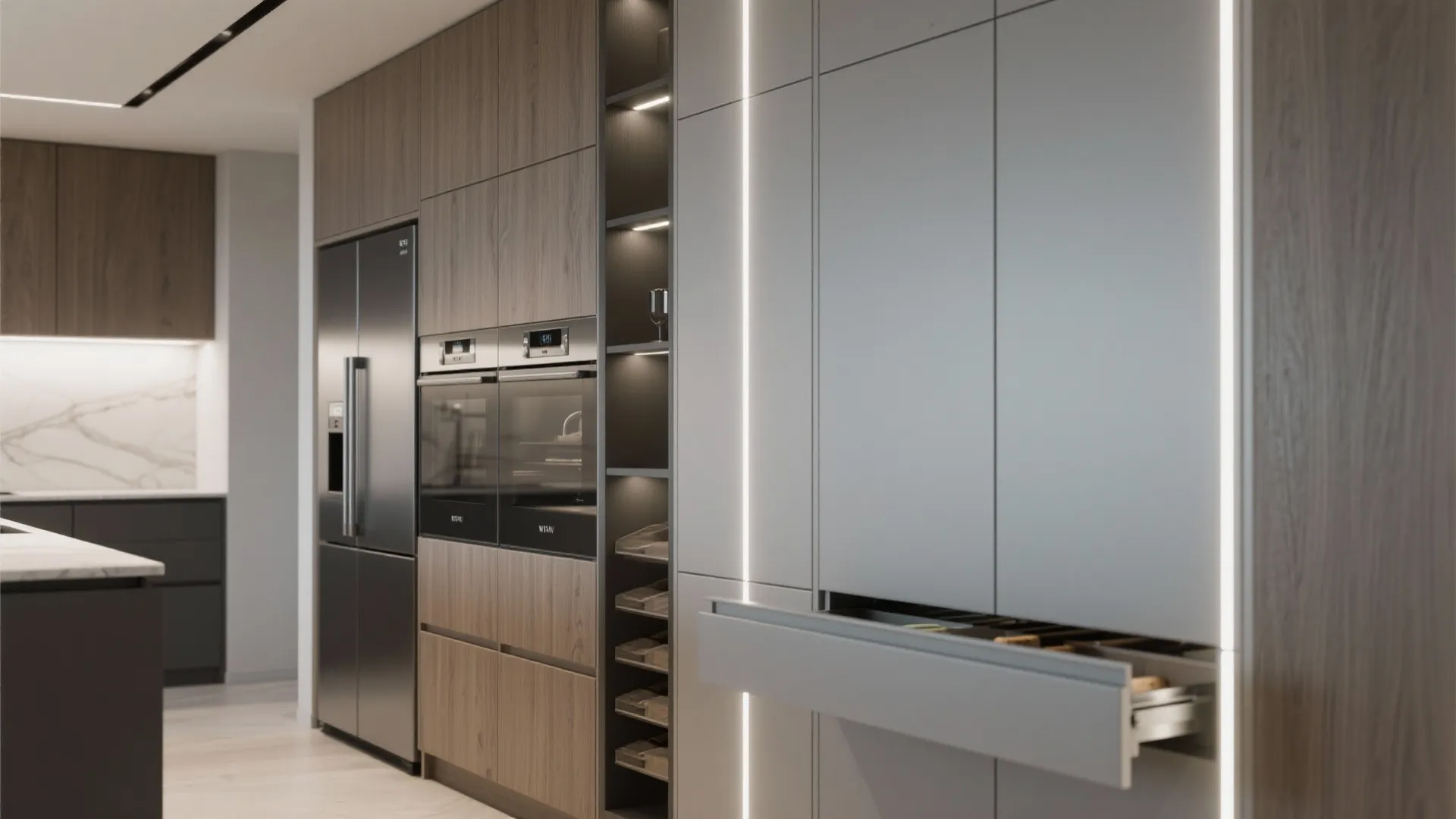 2. Tall cabinetry with integrated appliances