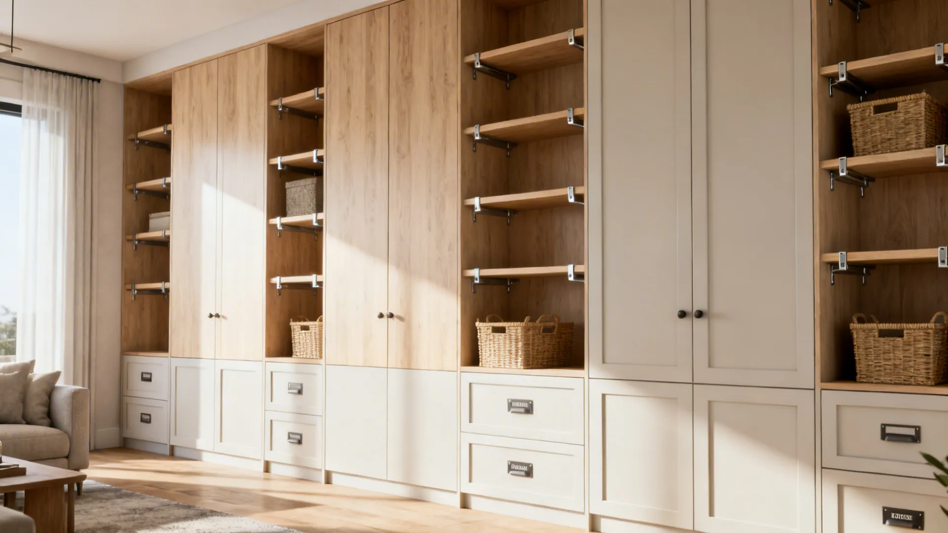 Floor-to-ceiling light wood cabinets with adjustable shelves and open cubbies for toy storage.