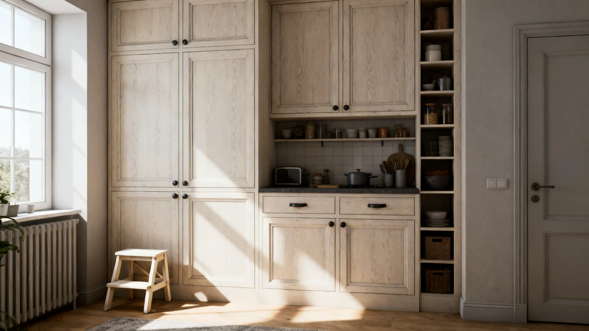 Tall ceiling-height kitchen cabinets maximizing vertical storage with a compact step stool.