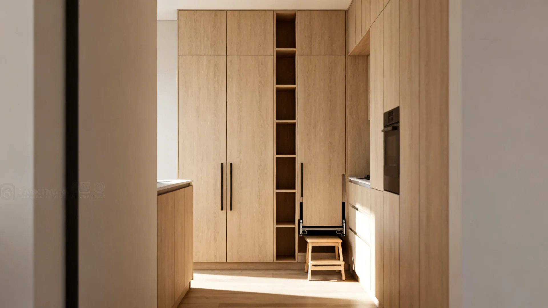 Floor-to-ceiling kitchen cabinets with pull-down shelf and tucked step-stool for accessibility.