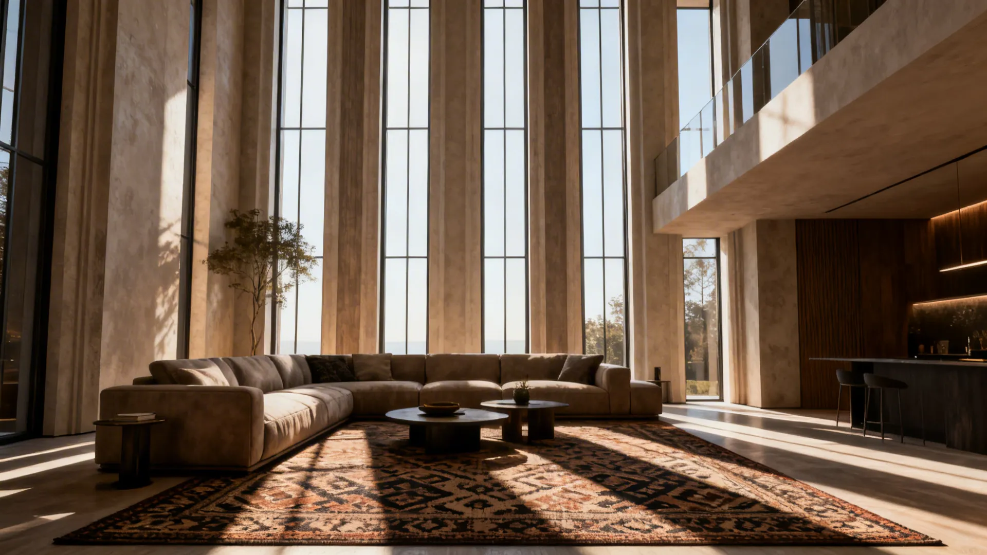 High ceiling living room with tall windows beige sofa patterned rug and warm natural sunlight