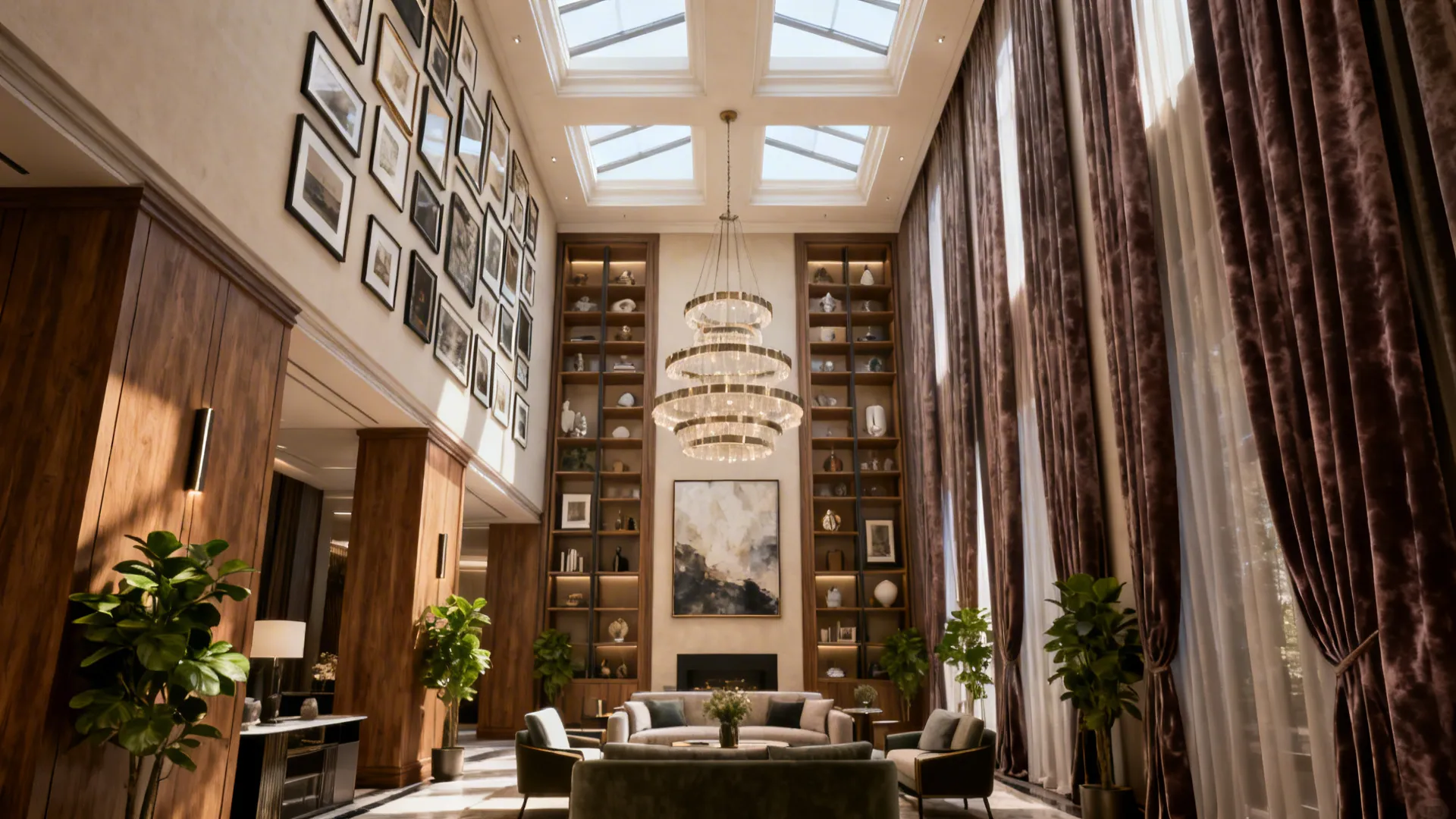 Luxury living room with high ceiling tiered ceiling light gallery wall tall bookshelves and curtains
