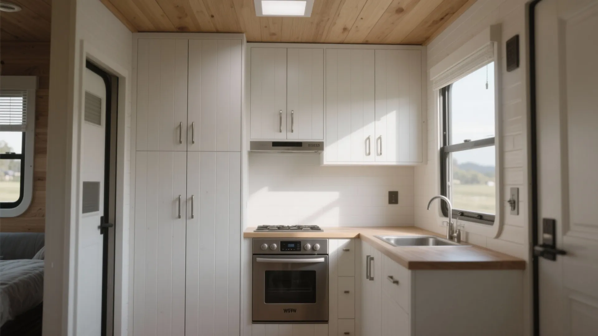 Small white kitchen with wood ceiling and tall cabinets for extra storage in tight space