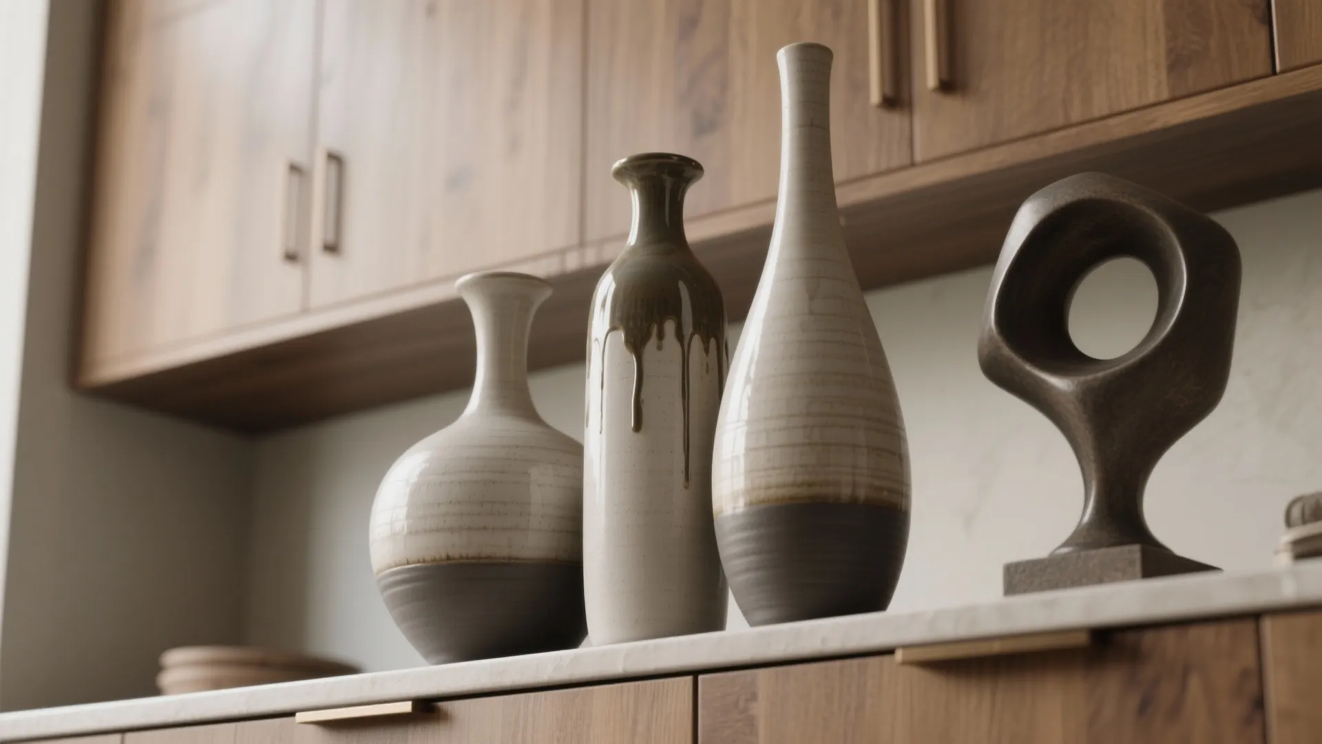 Ceramic decorative vases and a modern brown sculpture displayed on a marble kitchen cabinet surface