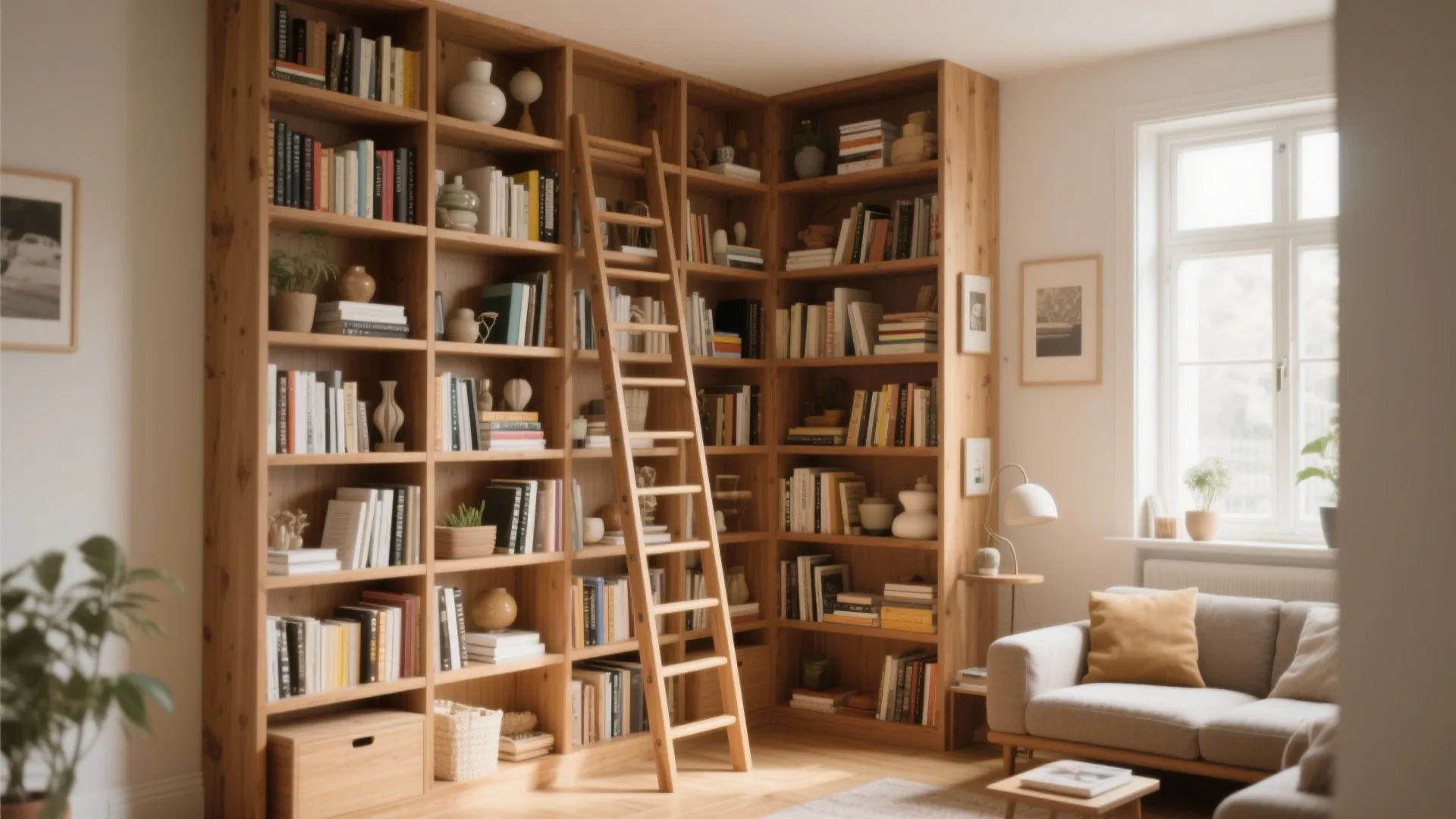 Large wooden corner floor to ceiling bookshelf with wooden ladder and grey sofa in room