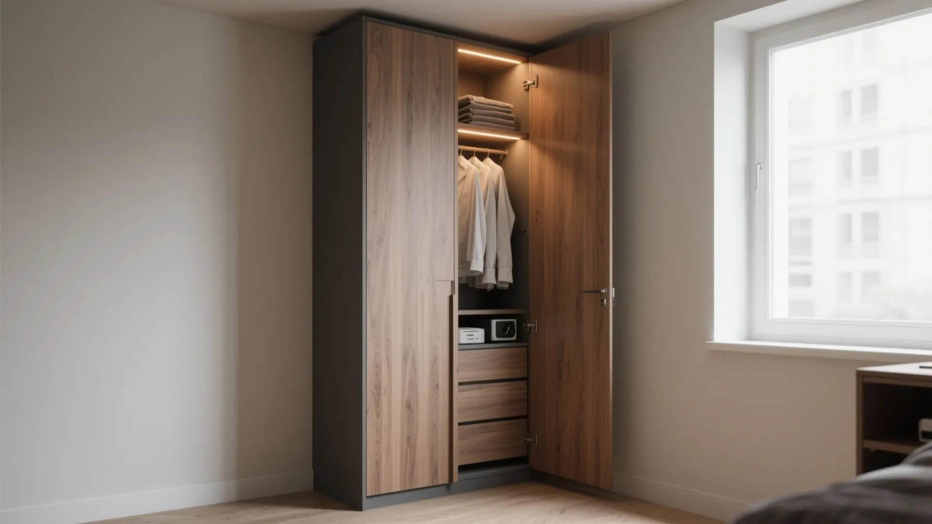 Modern wood wardrobe with open doors showing clothes and internal lighting in a bright room