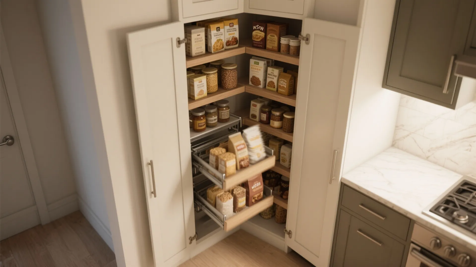Tall corner pantry with pull-down shelves lowered to show organized dry goods and easy access.
