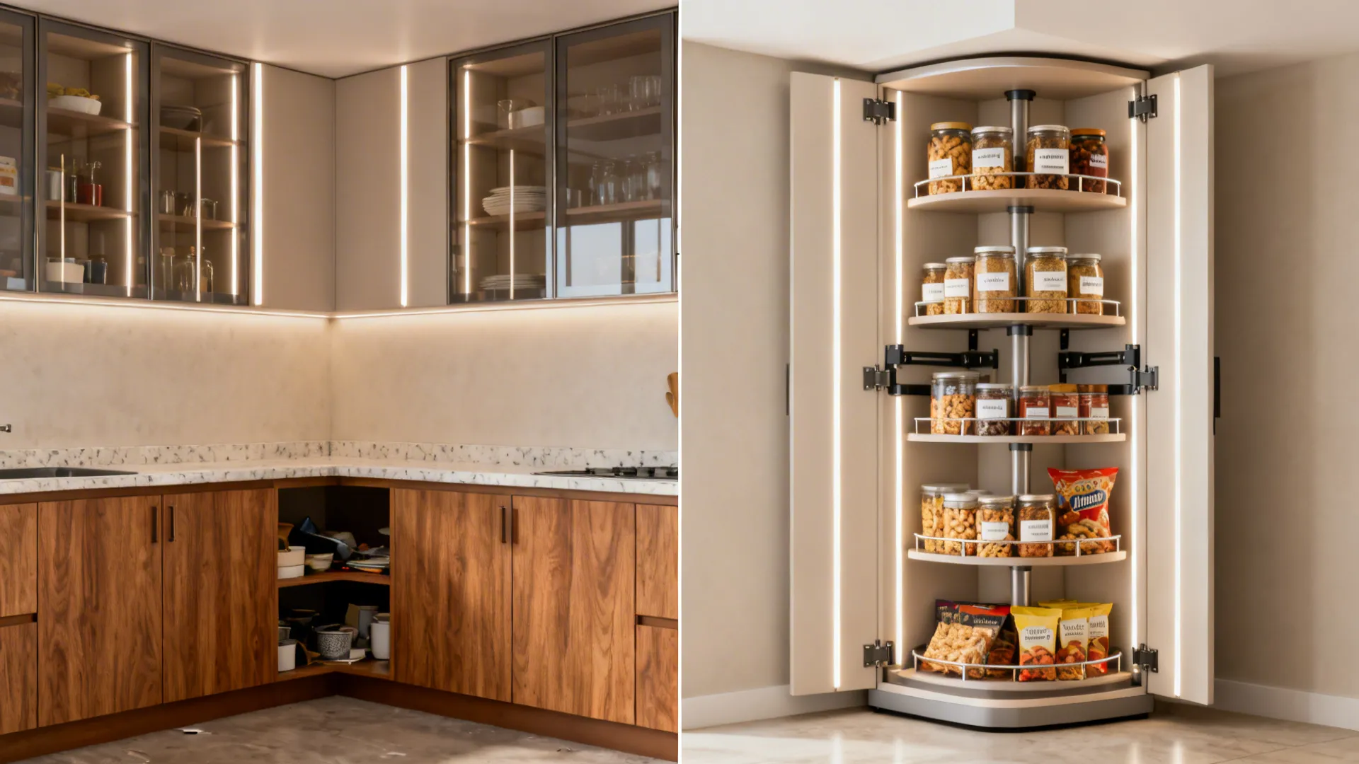 Before-and-after view showing a dead corner transformed into a tall pantry with a 270-degree carousel and glass uppers.