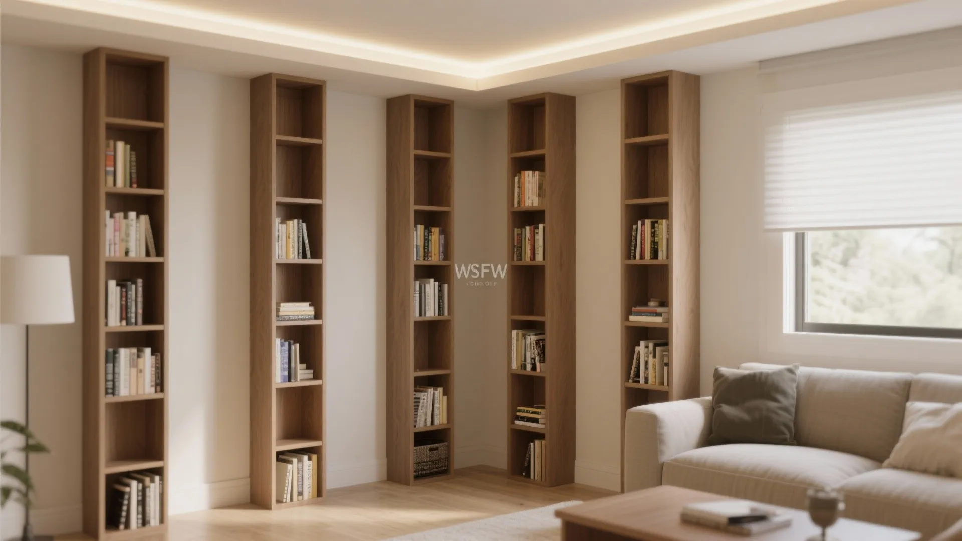 Five tall wooden book shelves arranged in a corner next to a white fabric sofa