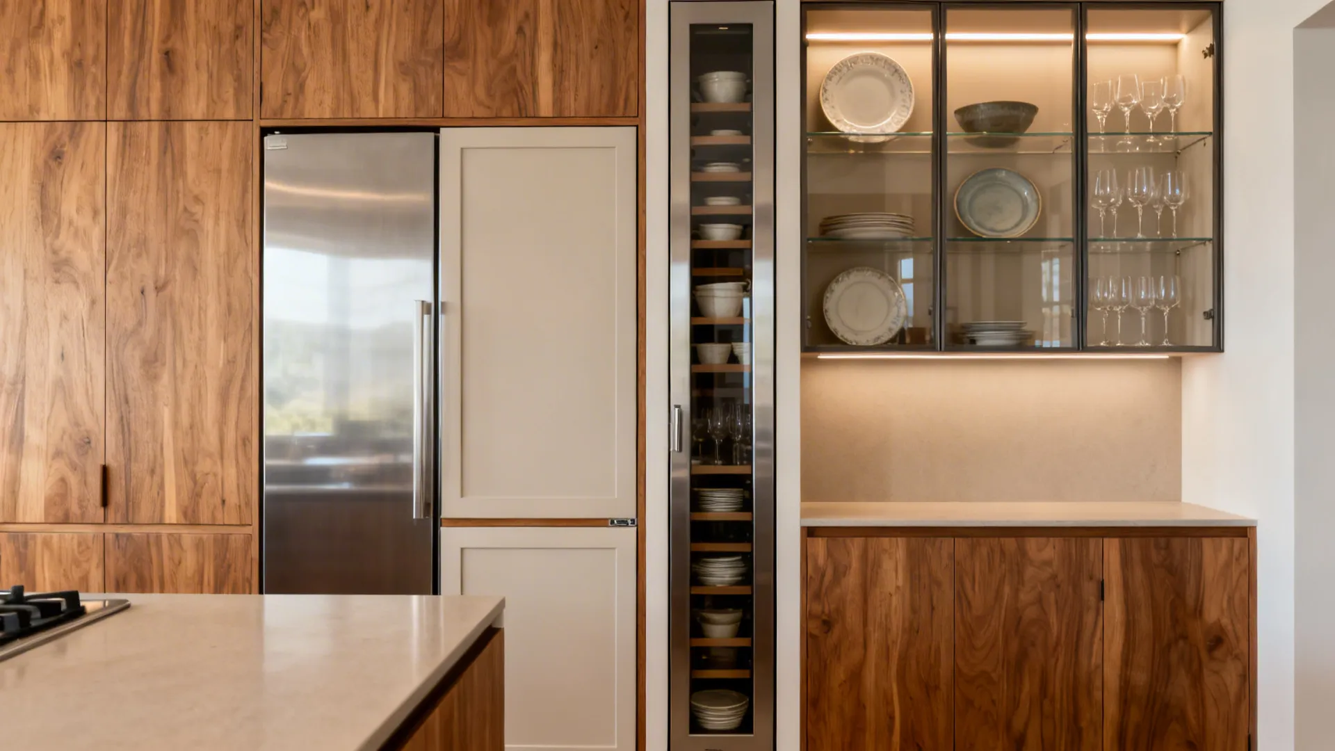 Tall integrated crockery column with glass-front uppers framing a fridge in a narrow kitchen.