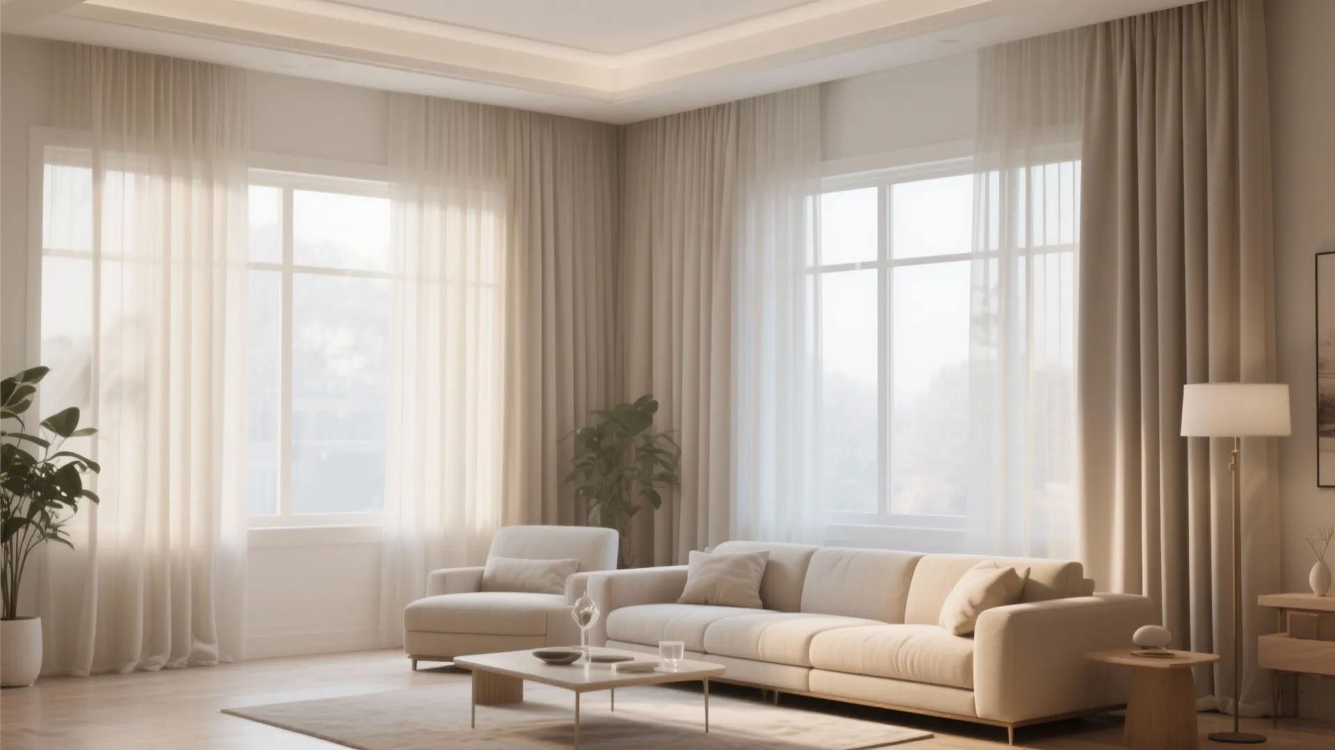Bright living room with long beige curtains hanging from the ceiling near a white sofa