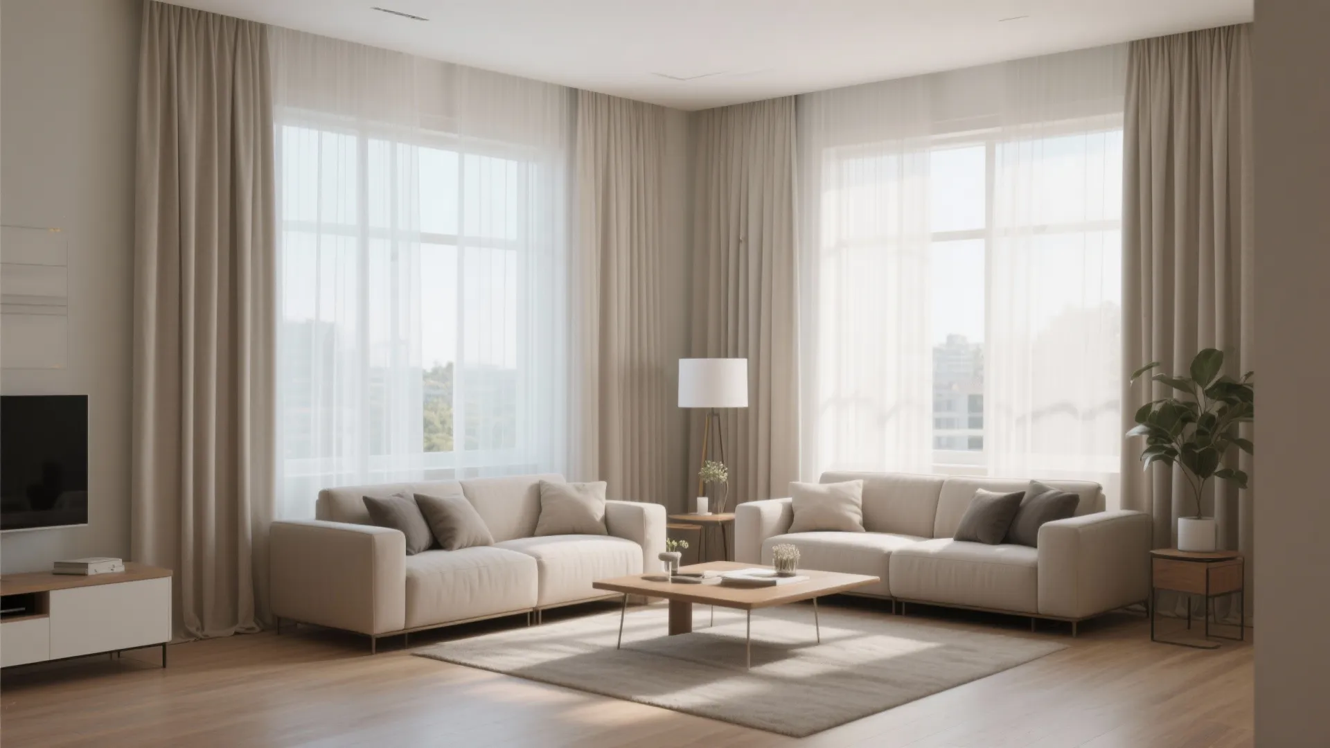 Tall curtains hung near the ceiling