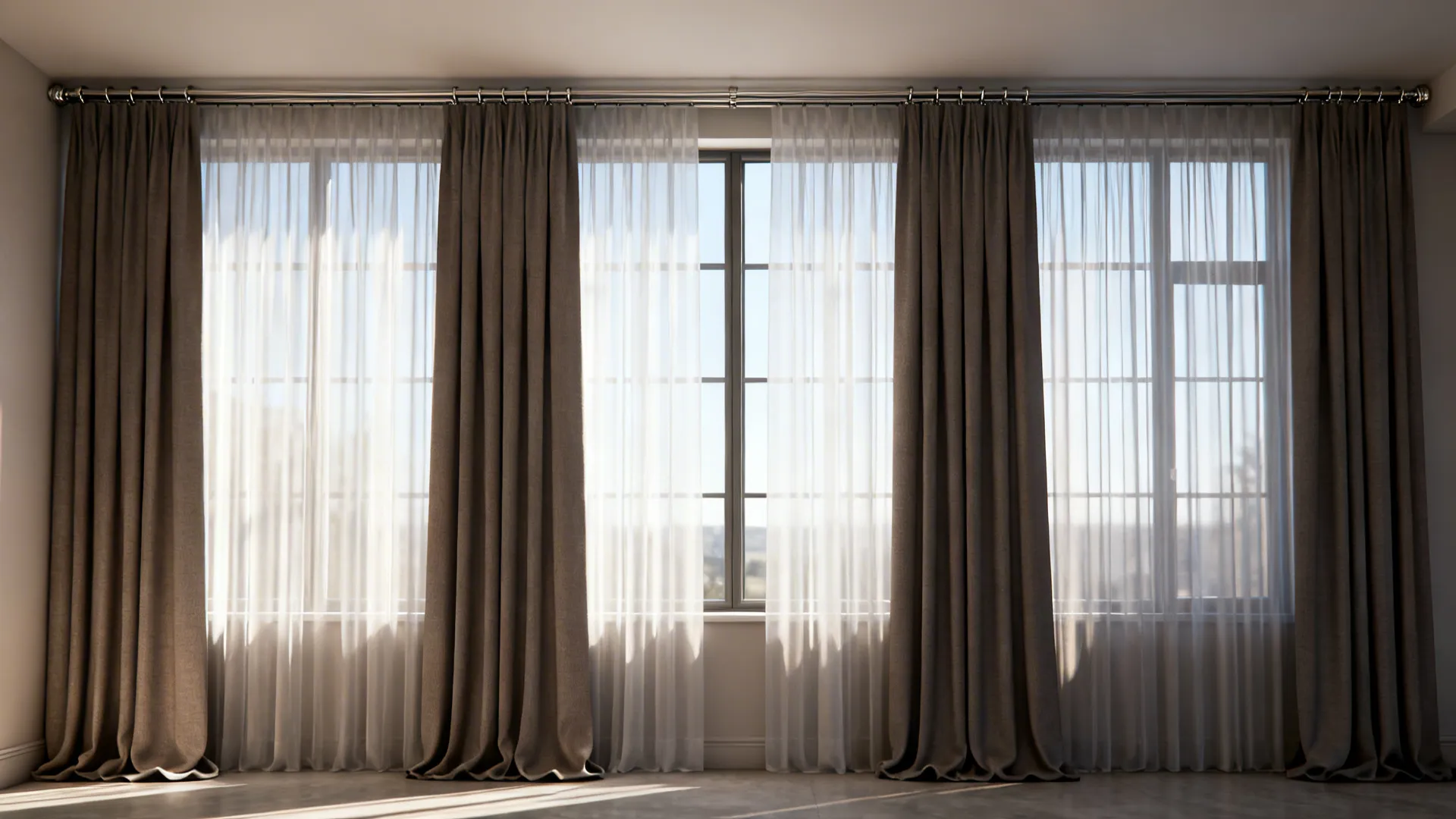 Tall ceiling-to-floor layered curtains with sheers and blackout drapes, mounted near the ceiling.
