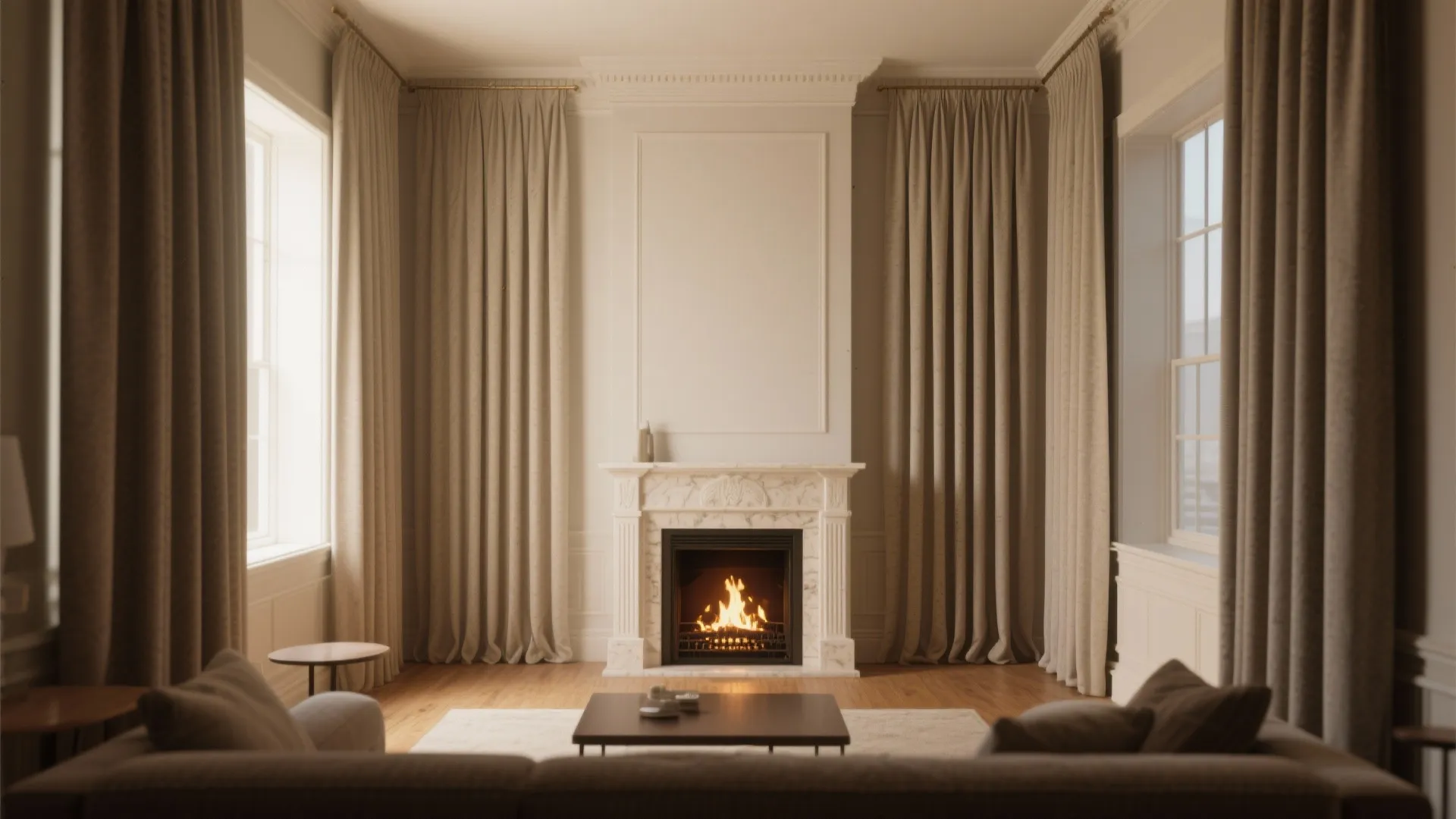 Tall curtains enhancing fireplace wall height